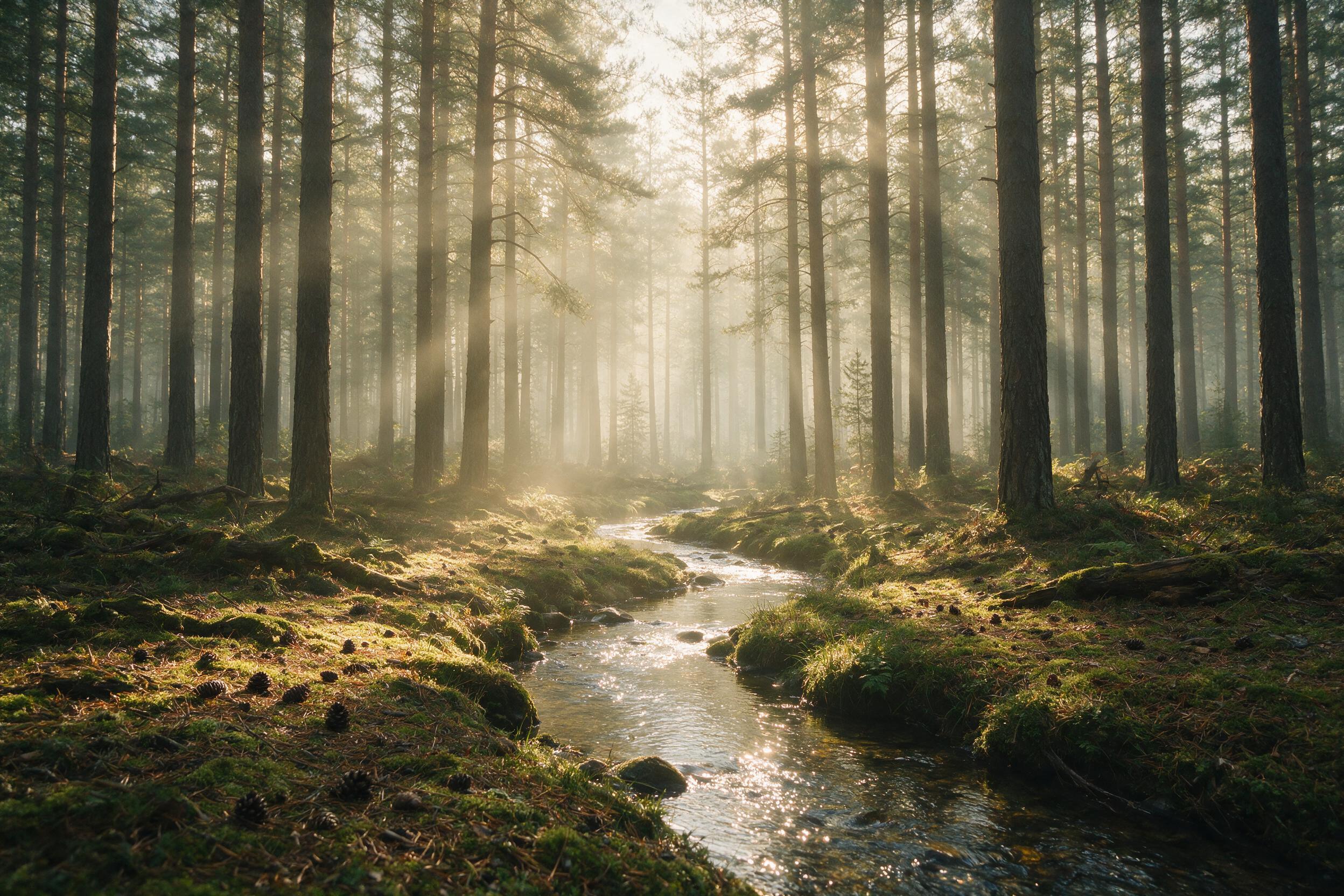 A misty morning in a dense pine forest, soft golden sunlight filtering through the canopy, creating long shadows and a gentle glow on the mossy ground, a small stream winding through the scene, natural light, slight haze, quiet atmosphere