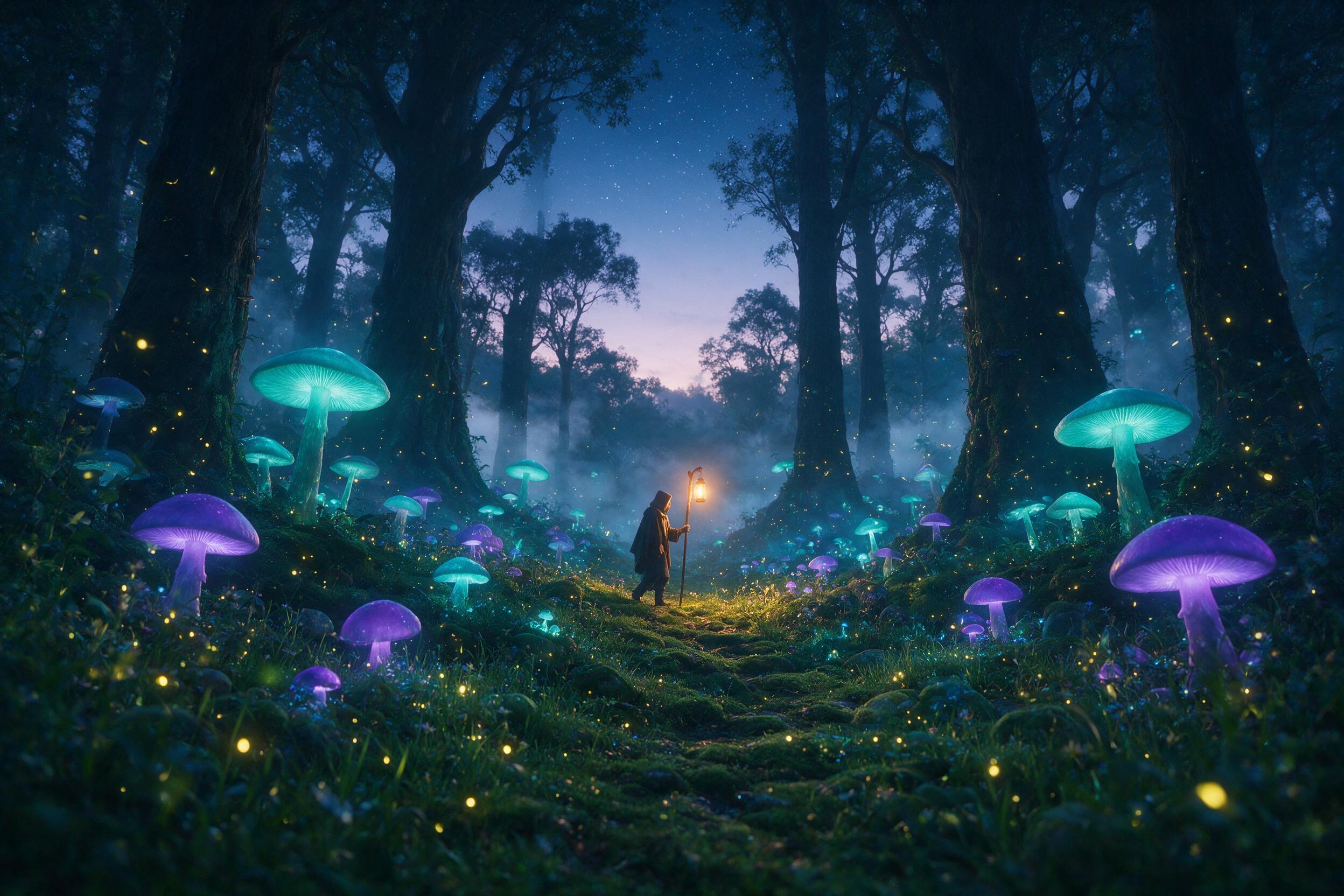 A bioluminescent forest at twilight, giant mushrooms glowing teal and violet, a lone hooded figure walking a winding mossy path, distant mist between towering gnarled trunks, fireflies dancing in the foreground, soft blue ambient light with warm lantern glow from the figure's staff, shallow depth of