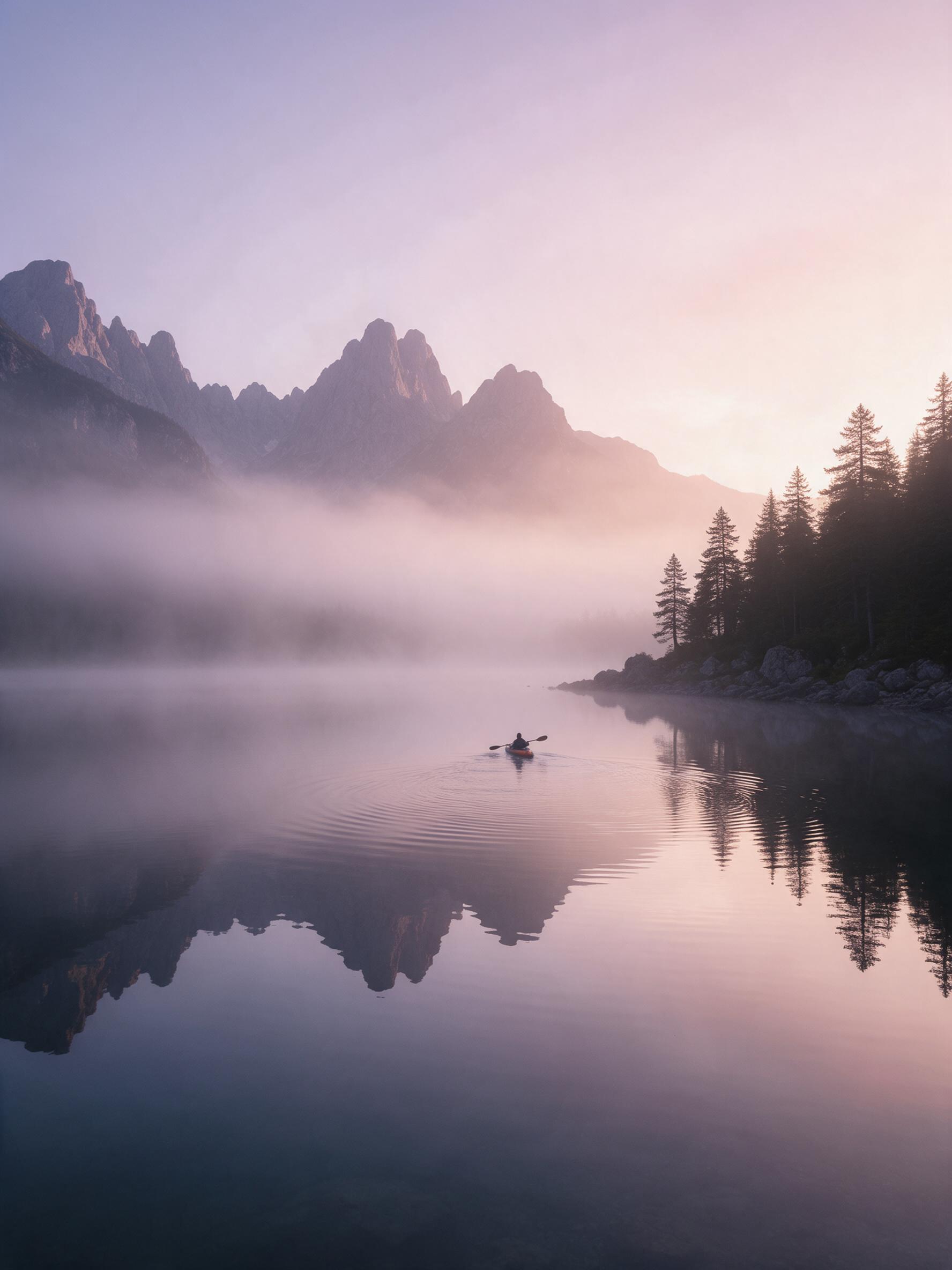 Misty alpine lake at dawn, mirrored reflections of jagged peaks on glassy water surface, soft pastel gradient sky from lavender to peach, pine forest silhouettes along rocky shore, delicate ripples from a lone kayaker in the distance, gentle backlighting enhancing atmospheric haze, shot on medium fo