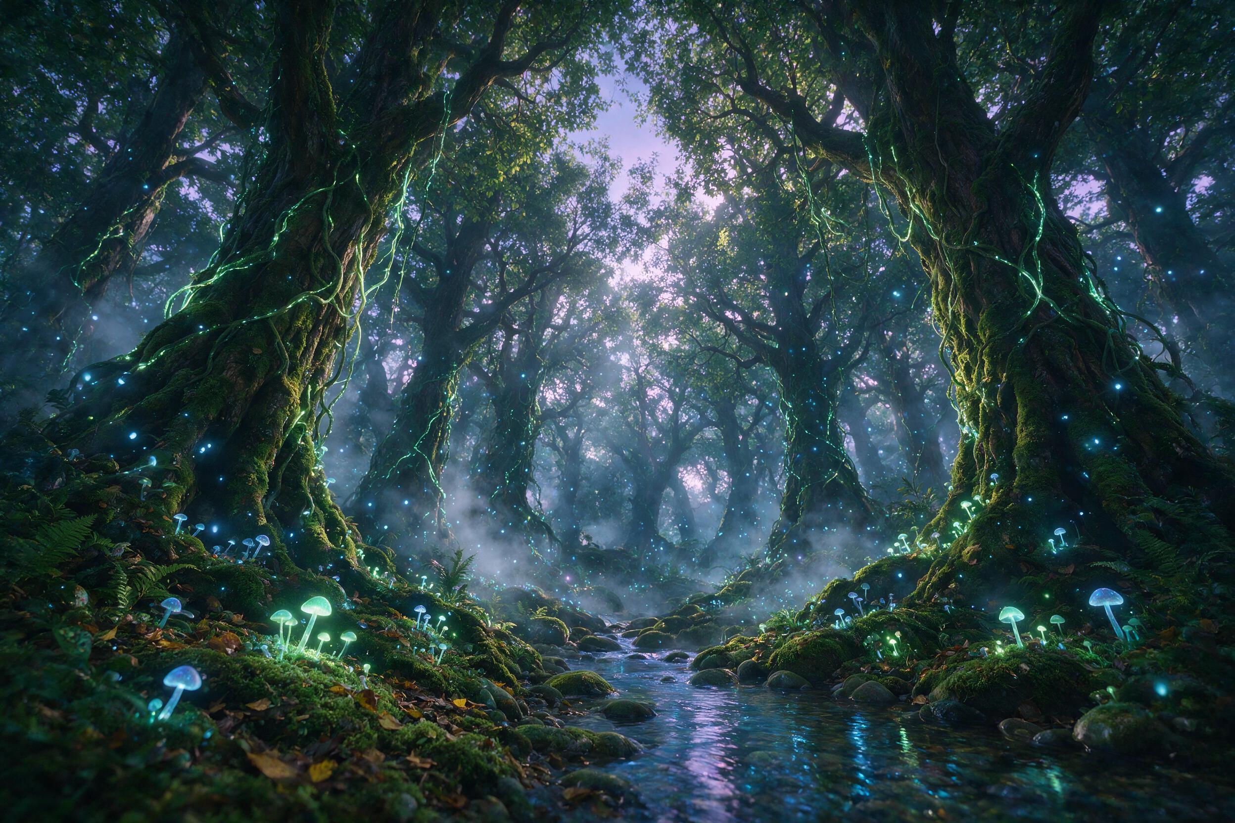 An ethereal forest at twilight, bioluminescent mushrooms and glowing vines intertwine with ancient, moss-covered trees. A gentle stream reflects the soft, blue light of floating firefly-like orbs. Mist rises, creating a dreamy atmosphere. Composition: low angle, looking up through the canopy.