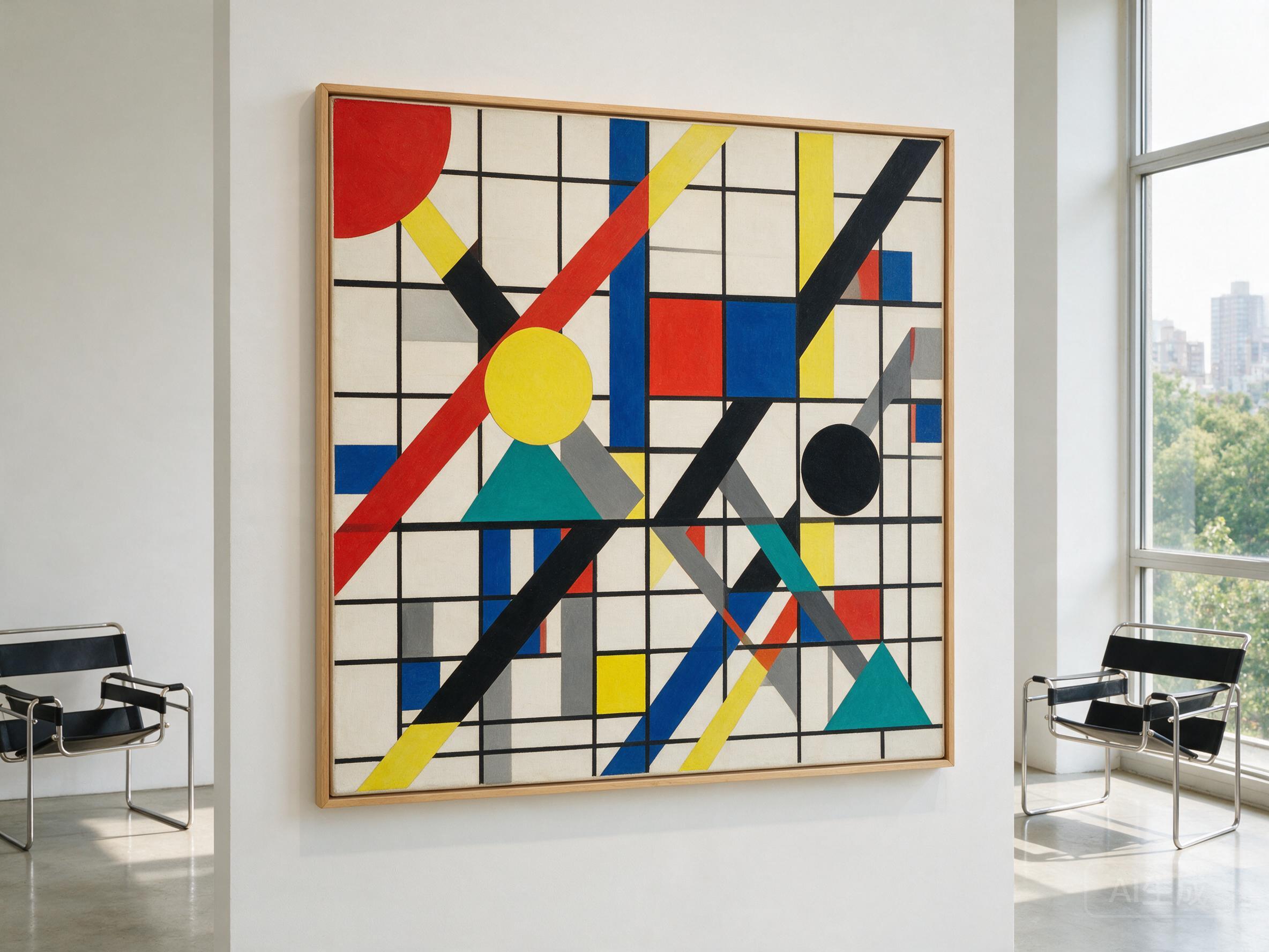 Geometric abstract composition in Bauhaus style, primary colors with teal, intersecting shapes, modern art
