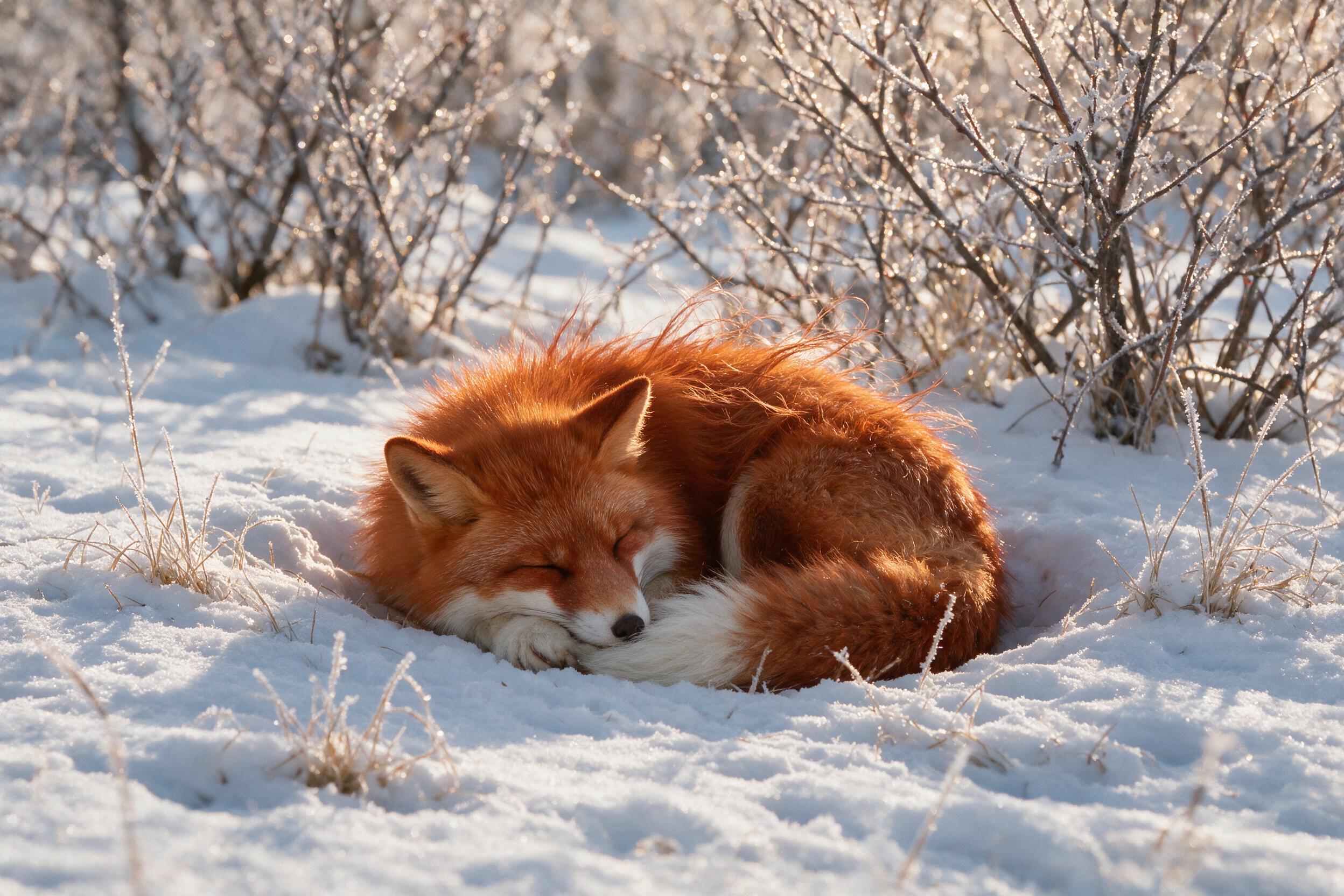 A close-up of a red fox sleeping in a snow-covered field, its fur ruffled by a gentle breeze, soft golden hour sunlight filtering through frost-covered branches, natural grain, slight camera shake, clean composition.