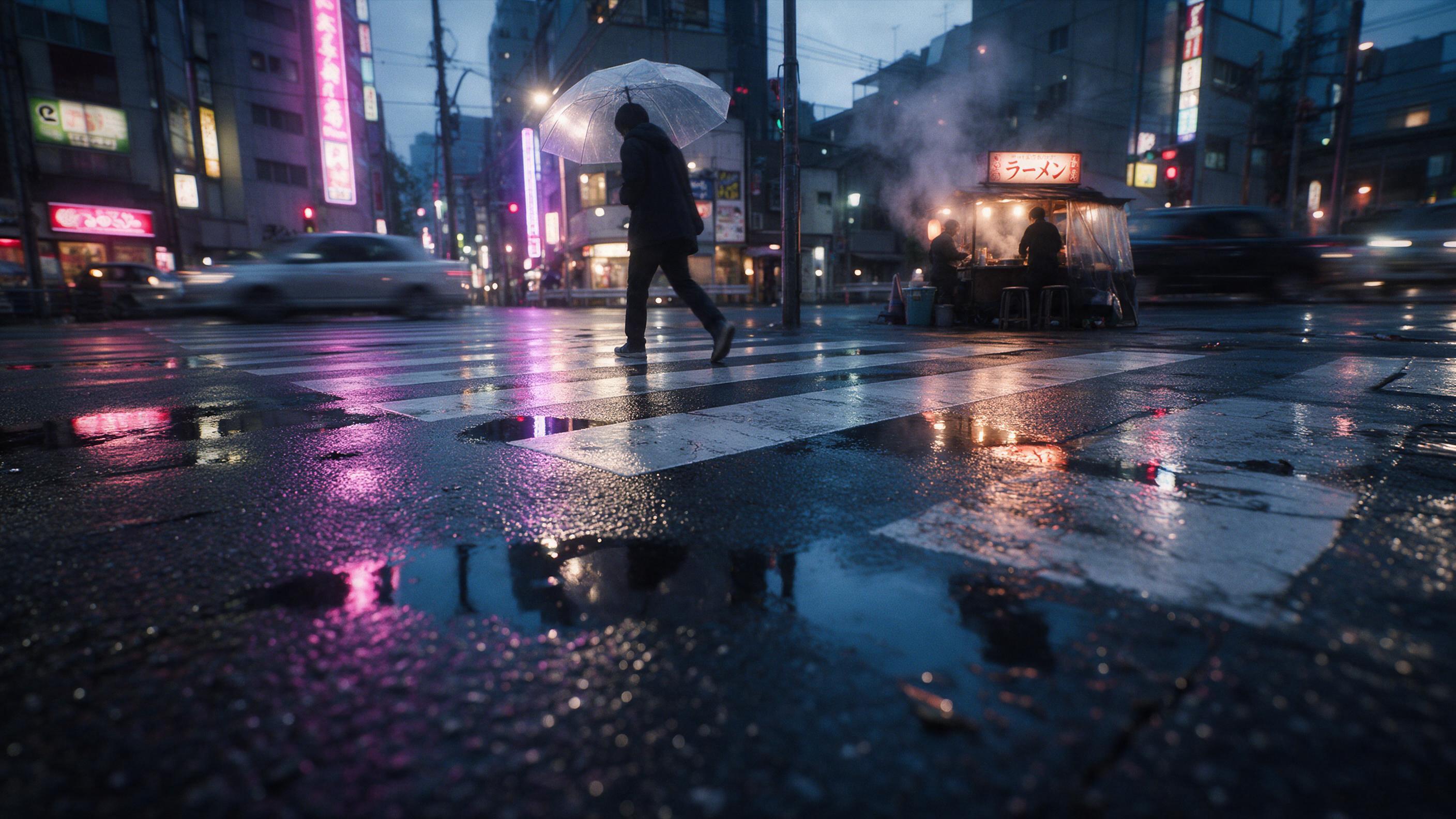 A rain-soaked Tokyo street at dusk, neon signs reflecting in puddles, a lone figure with a transparent umbrella crossing the crosswalk, steam rising from a ramen stand in the background. Low camera angle, shallow depth of field, motion blur on passing cars, wet asphalt highlights, cool blue and mage