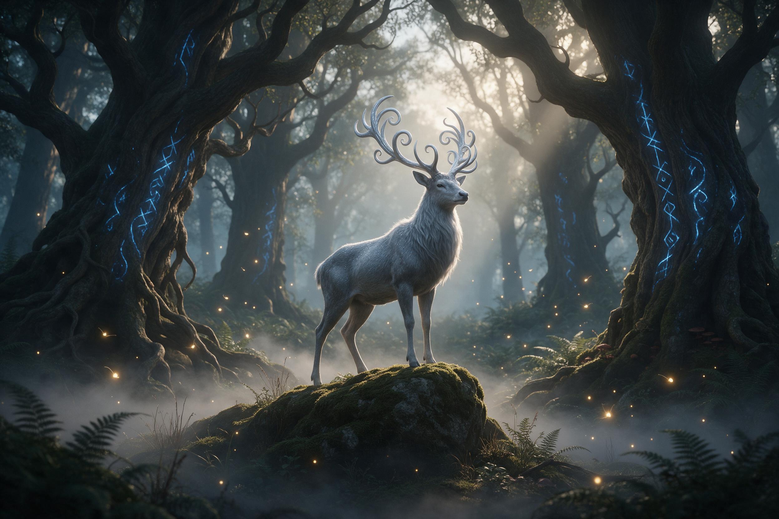 A misty ancient forest at dawn, colossal gnarled trees with glowing blue runes carved into bark, a silver-furred stag with spiral horns standing on a moss-covered rock, ethereal fireflies drifting in golden light beams, soft fog hugging the ground, mystical atmosphere, cinematic composition with cen