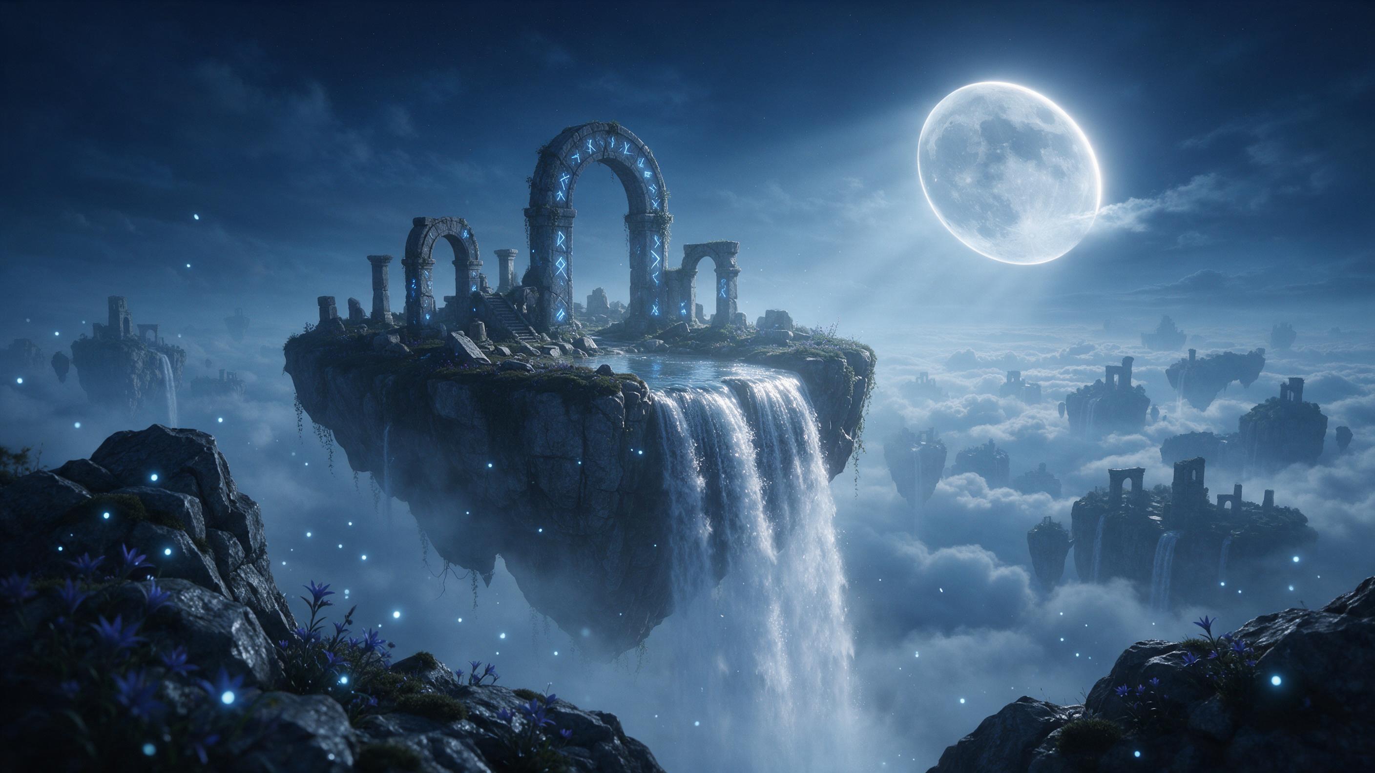 A moonlit floating island with a silver waterfall cascading into clouds, ancient glowing runes on stone arches, ethereal blue fireflies, misty atmosphere, soft volumetric light, cinematic wide shot