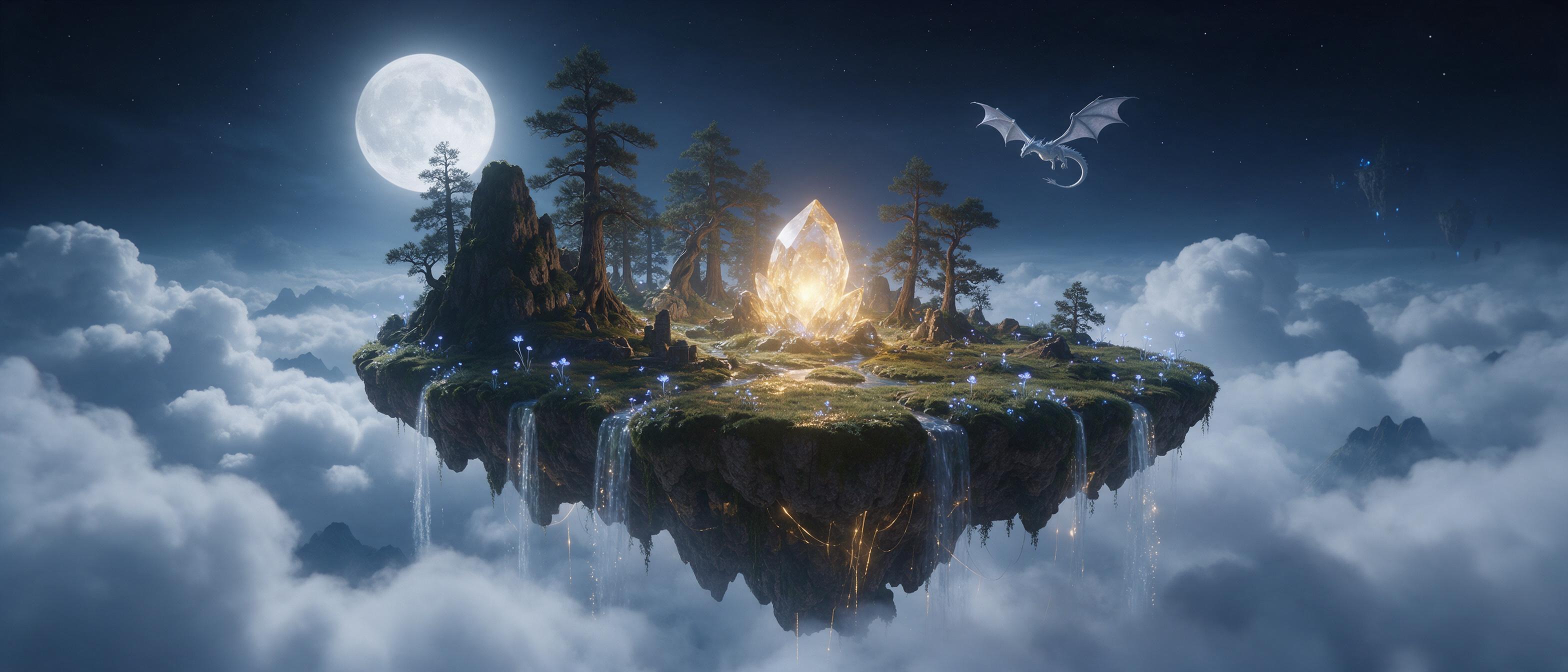 A moonlit floating island with a glowing crystal core, waterfalls cascading into misty clouds below, tiny luminescent flowers along the edges, a lone silvery dragon circling in the distance, soft cold moonlight, warm golden glows from the core, cinematic wide shot, dreamy atmosphere