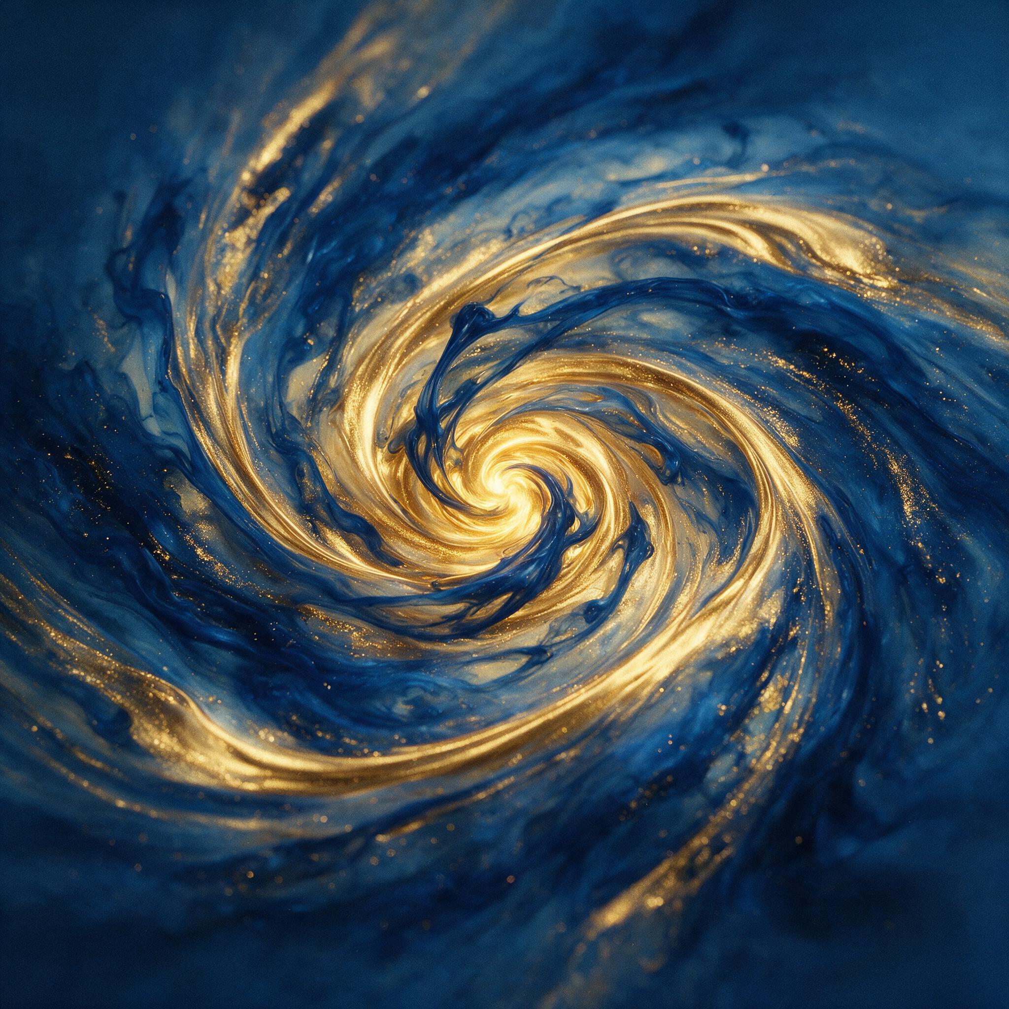 Liquid gold and deep blue ink swirl together in a slow dance, forming a spiral galaxy. Soft studio lighting reflects off the fluid surface, creating subtle highlights. Minimalist composition with negative space, slight grain texture, sharp focus on the center swirl.