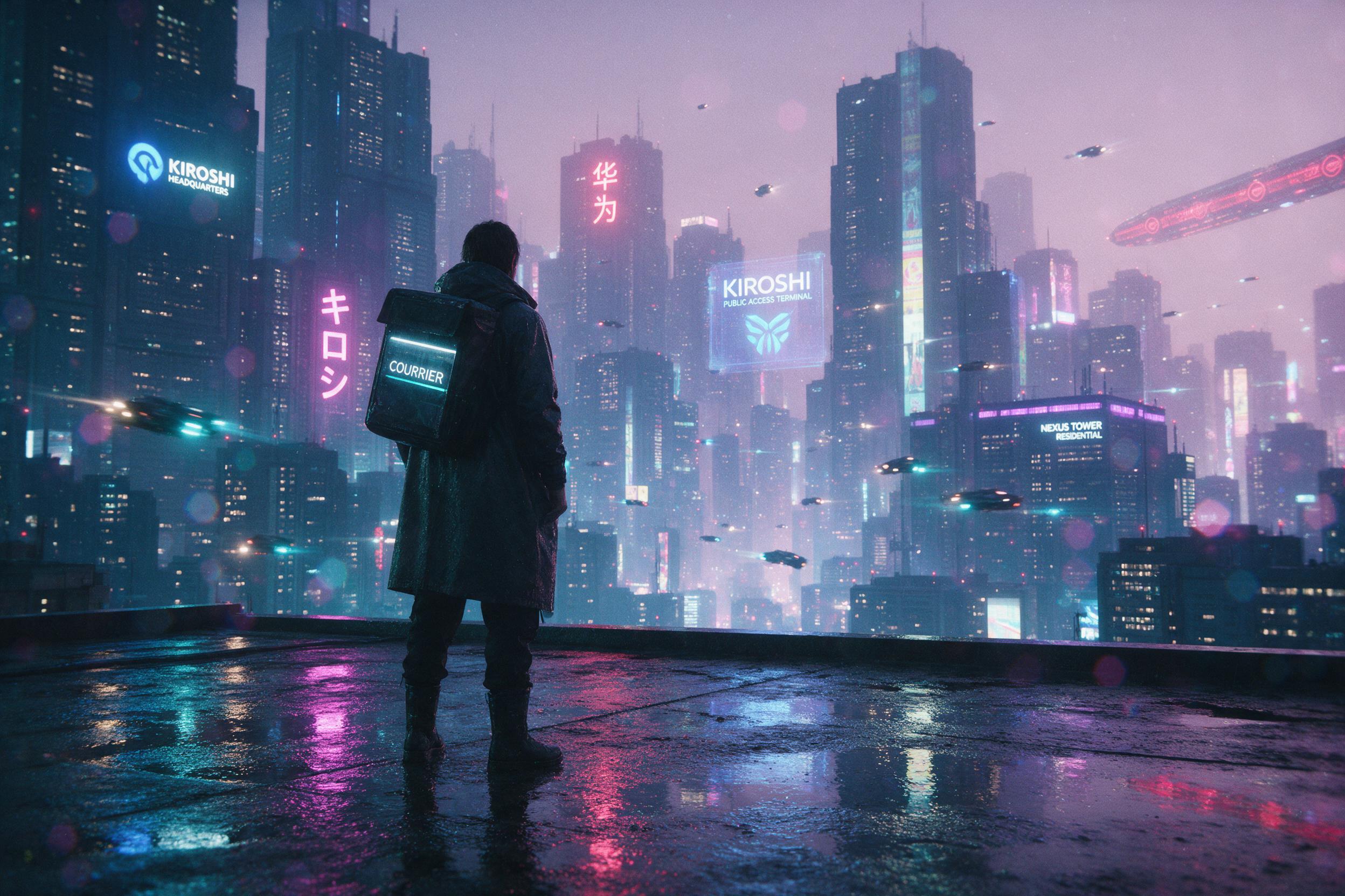 A lone cyberpunk courier stands on a rain-slicked rooftop, neon holographic signs reflecting in puddles, distant flying vehicles streaking between towering megastructures, humid haze diffusing magenta and cyan light, cinematic wide shot with deep perspective, faint grain and subtle lens flare