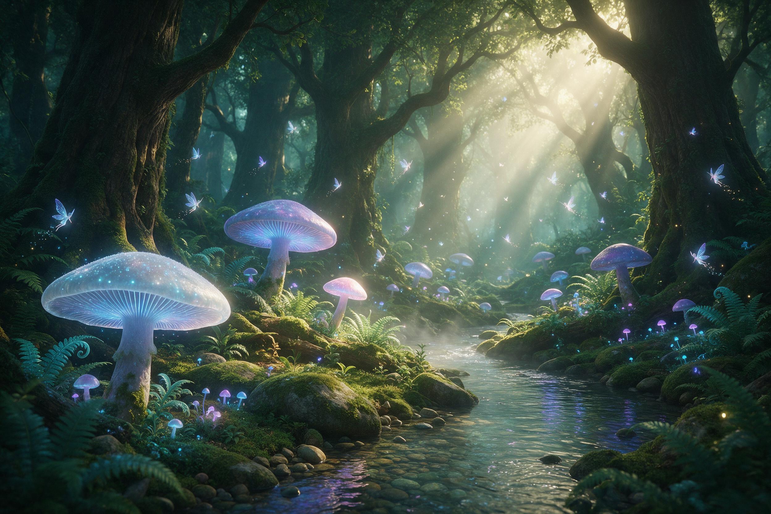 A hidden sunlit glade in an ancient forest, where giant luminous mushrooms with translucent caps emit soft blue and violet light, tiny sparkling fairies flit among mossy stones and curling ferns, a narrow stream reflecting the glow, misty sunbeams breaking through the canopy, rich green and teal pal