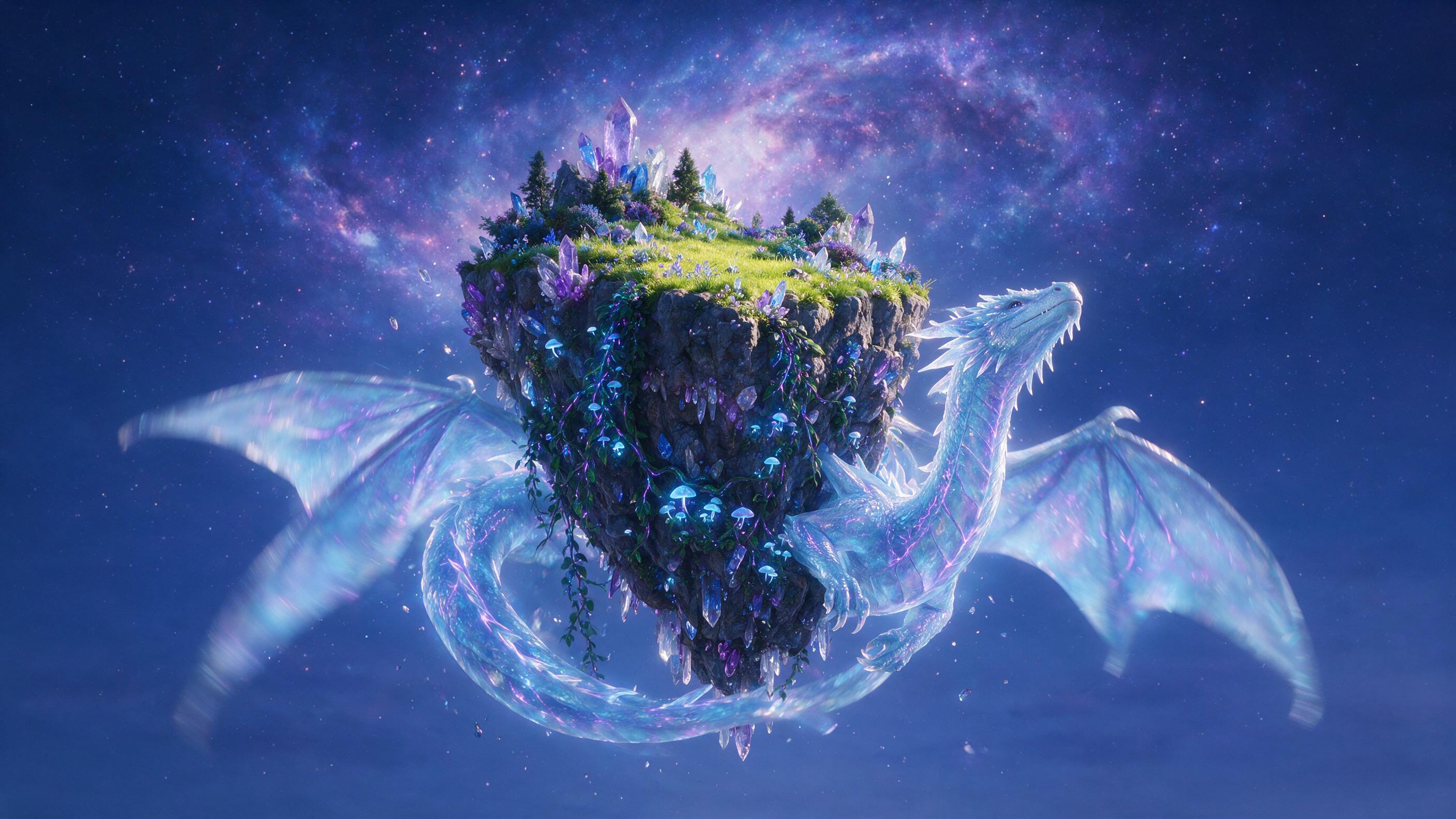 A glowing, translucent dragon curled around a floating crystal island in a twilight sky. Bioluminescent vines and mushrooms cling to the island's edge. Soft, diffused light from a distant nebula casts a subtle purple and blue hue. Slight motion blur on the dragon's wings.