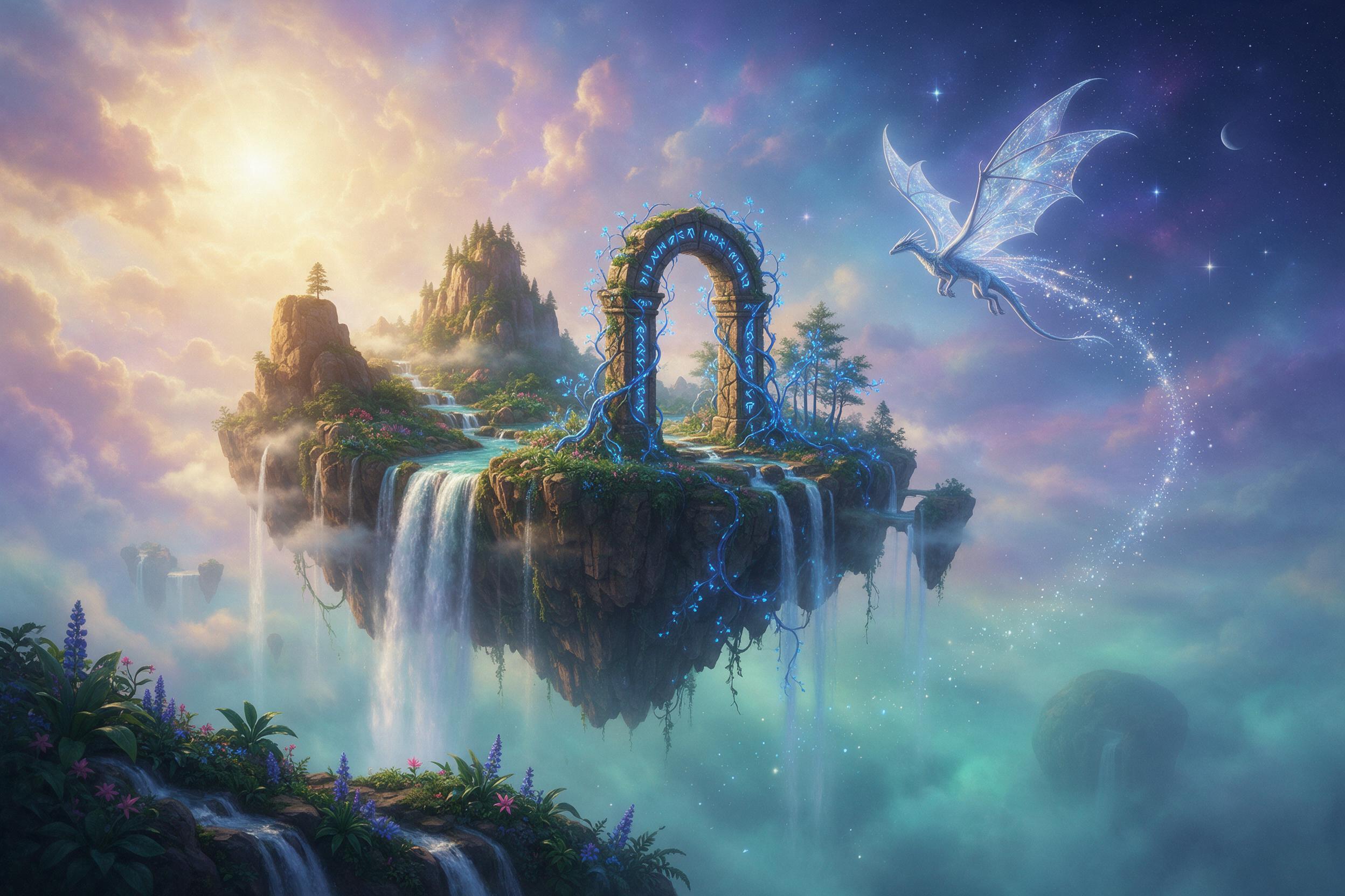 A floating island wrapped in glowing blue vines, waterfalls cascading off its edges into endless teal mist below. An ancient stone archway stands at its center, covered in runes that pulse softly. A small dragon with translucent wings circles overhead, leaving trails of stardust. Warm golden light f