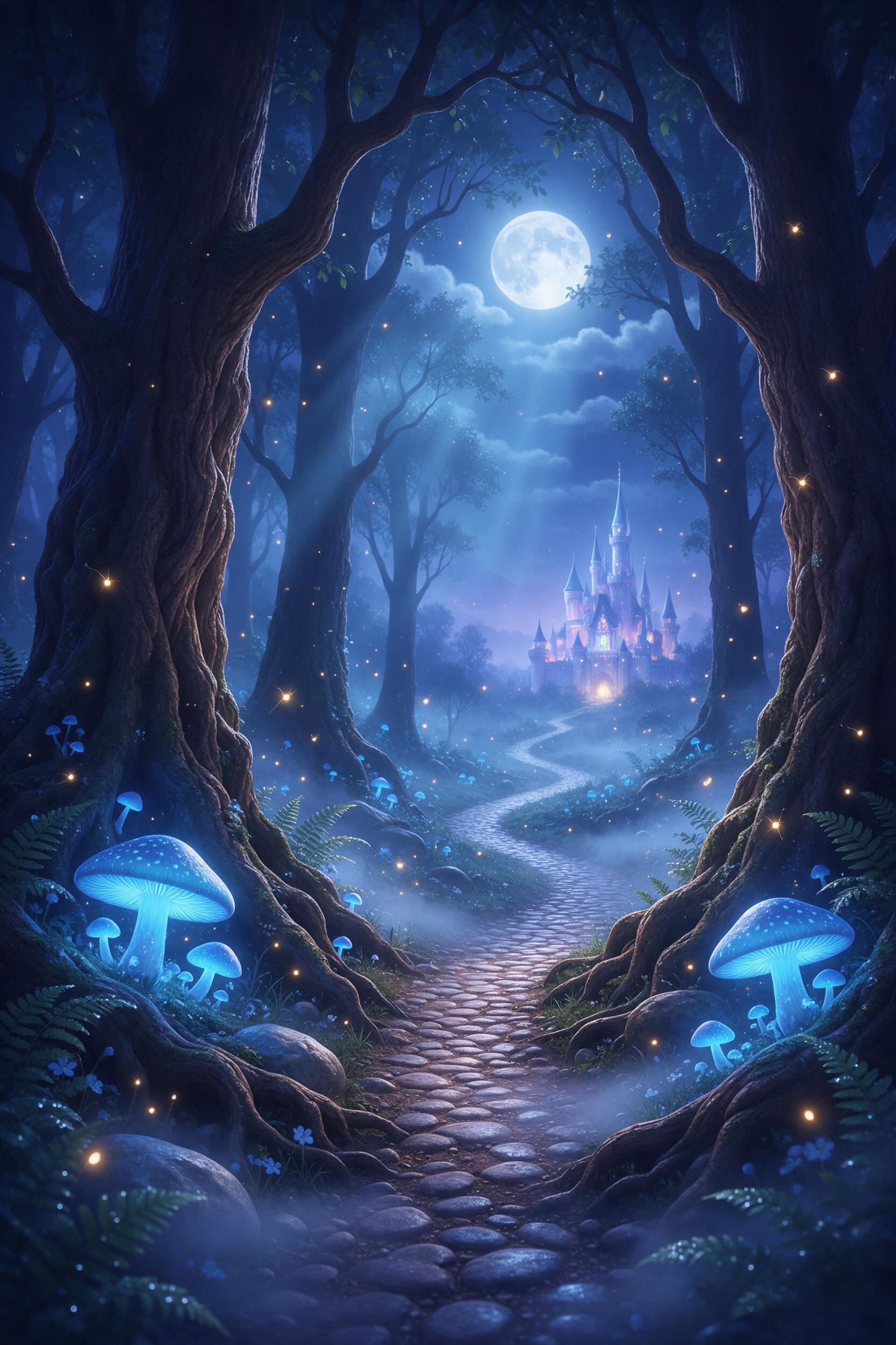 A moonlit enchanted forest, towering ancient trees with glowing blue mushrooms at their roots, a narrow winding path leading to a distant shimmering castle, fireflies drifting in the air, soft mist hugging the ground, cool blue and purple tones, gentle volumetric light rays piercing the canopy, whim