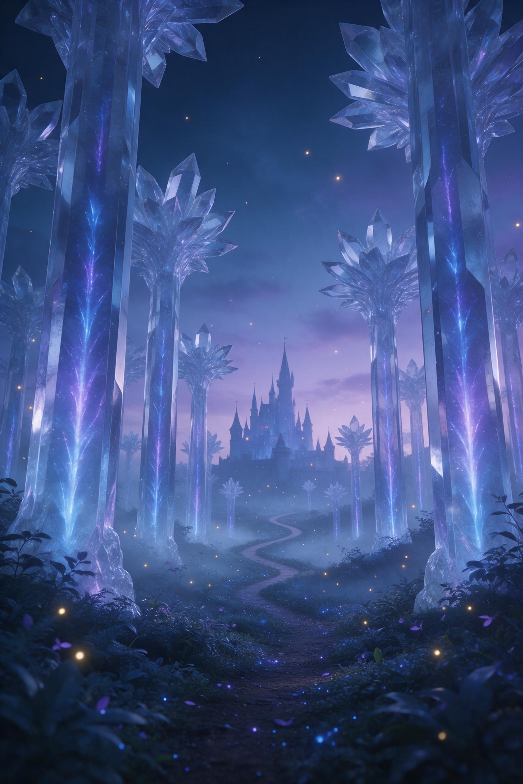 A glowing crystal forest at twilight, tall translucent trees with luminous blue and violet veins, soft mist weaving through the roots, tiny floating fireflies, a winding path leading to a distant castle silhouette, cool color palette, ethereal rim light from the crystals, low camera angle emphasizin