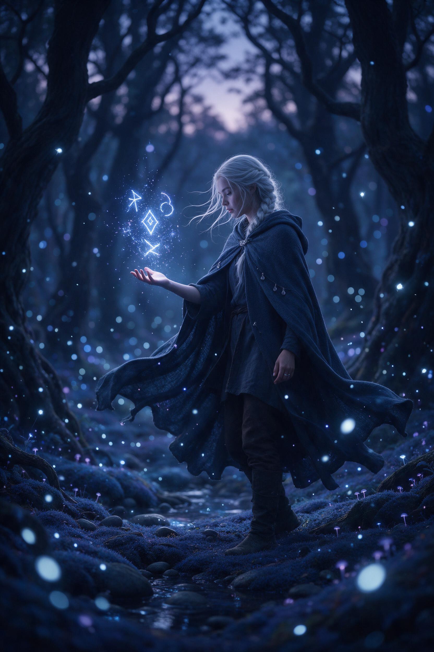 In the heart of a bioluminescent forest at dusk, a young sorceress with silver hair summons glowing runes, her cloak rippling in the wind. Fireflies mix with floating sparks, illuminating the mossy ground. Soft blue and violet hues, shallow depth of field, gentle bokeh, cinematic composition from a 