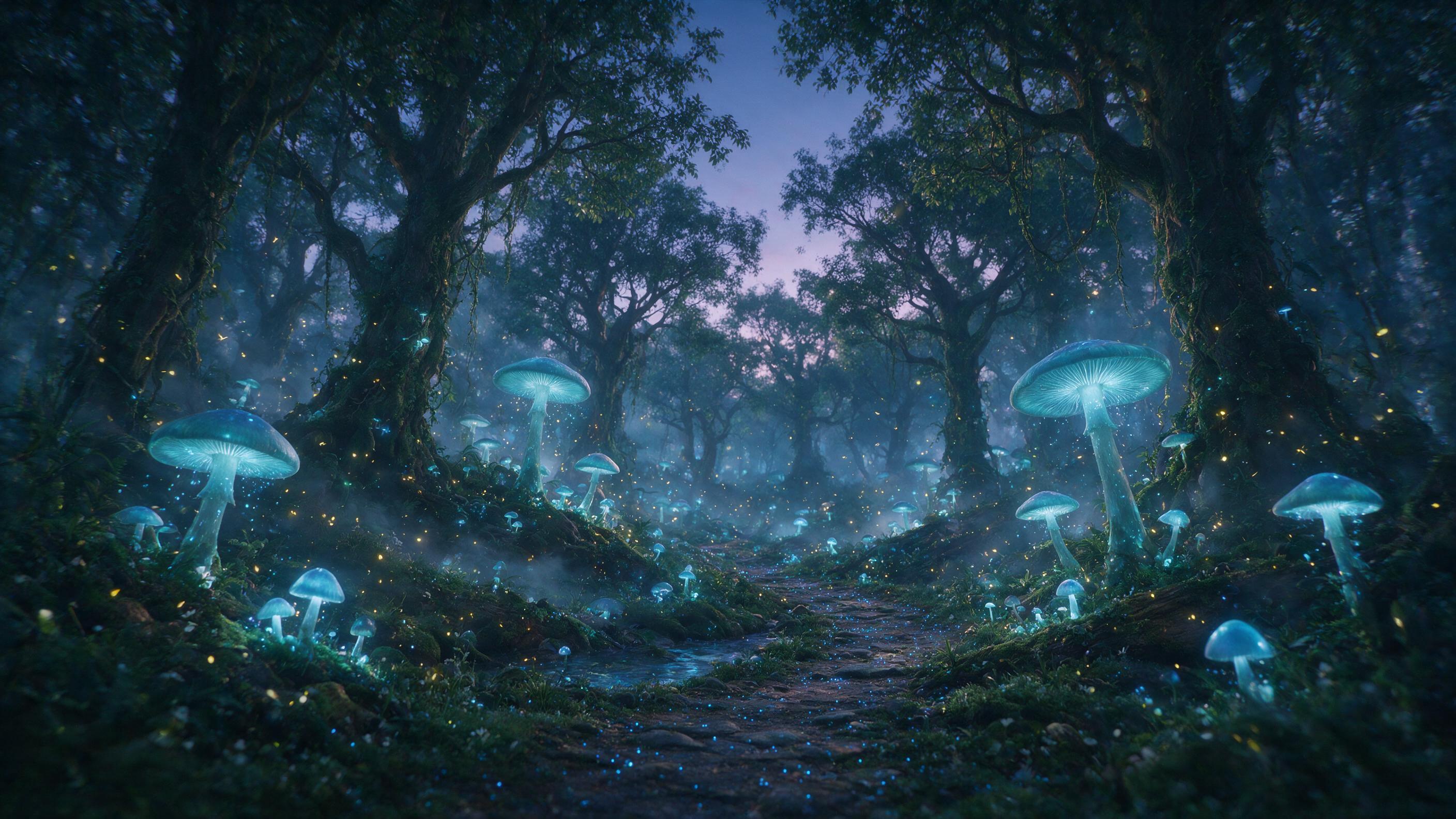 An ethereal forest at twilight, giant glowing mushrooms casting soft blue light on a winding path, fireflies dancing in the air, mist weaving through ancient trees, slight camera shake gives dreamy atmosphere, natural light from mushrooms, no harsh shadows.