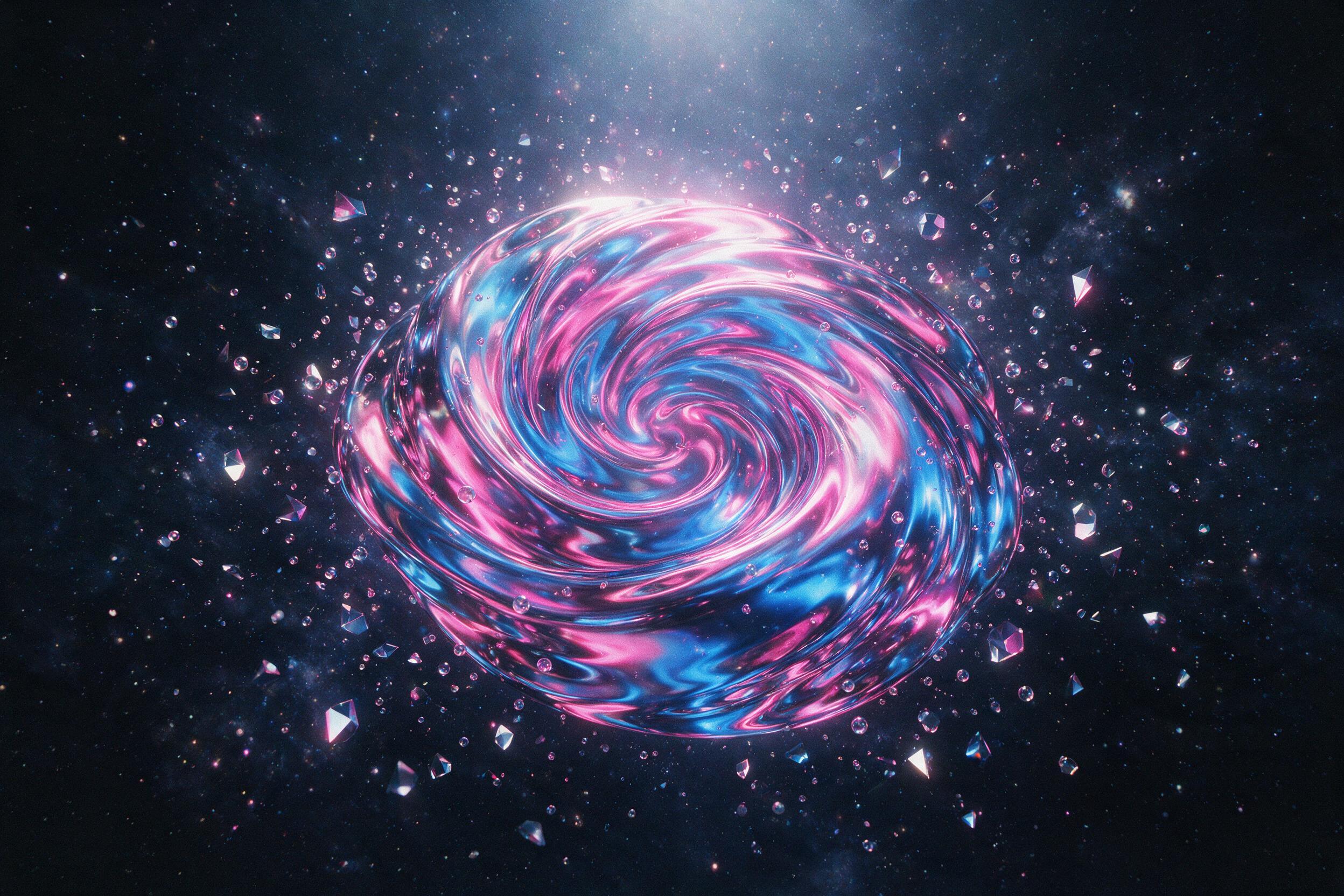 A swirling vortex of neon pink and electric blue liquid metal, suspended in dark space, with tiny reflective bubbles and sharp geometric shards floating around. Soft, diffused light from above casts a glow, with slight grain for texture.