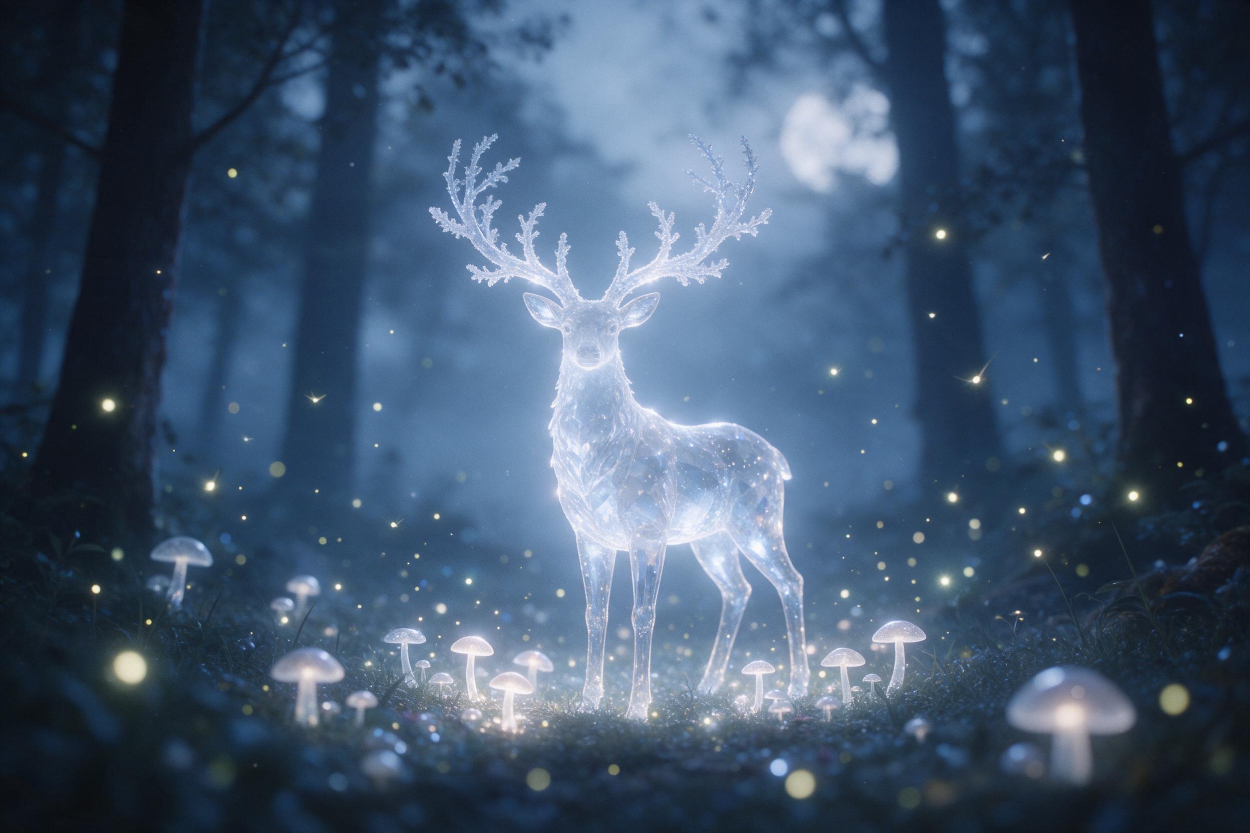 A misty moonlit glade where a glowing crystal stag with antlers like frosted branches stands amid glowing mushrooms and fireflies; soft blue-silver light, ethereal atmosphere, shallow depth of field, slight film grain.