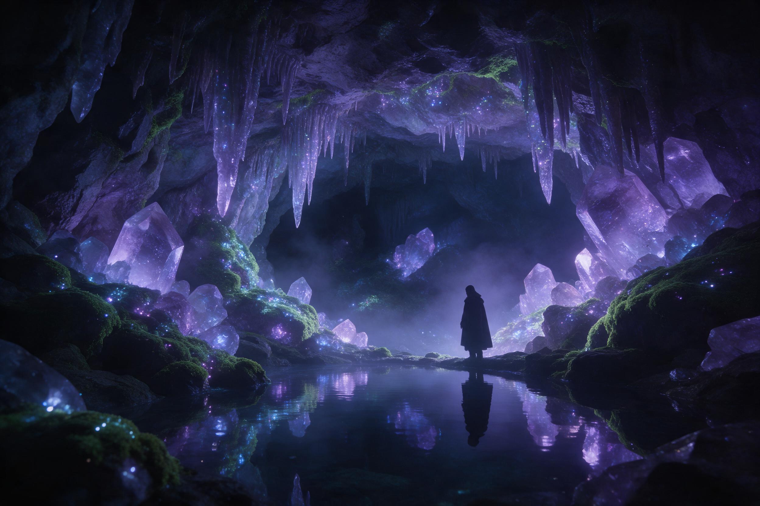 A glowing crystal cave deep underground, bioluminescent moss and hanging stalactites reflecting in a still pool. Soft purple and blue light sources, mist drifting through the air. A lone figure in a cloak stands at the edge, silhouette framed by the luminous rocks. Wide-angle view, natural lighting 