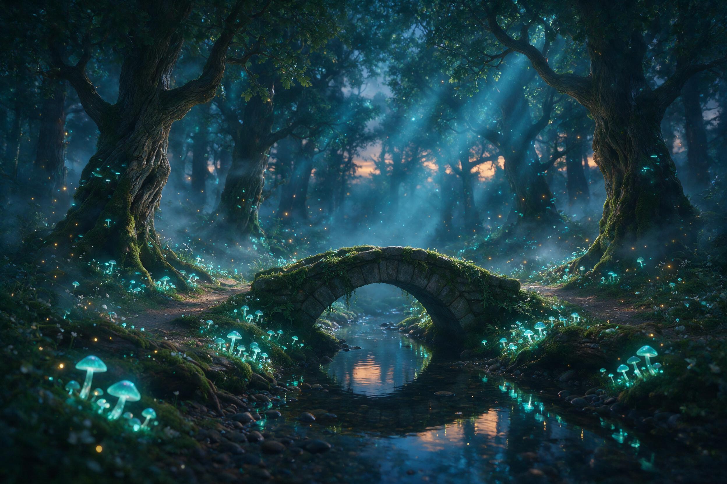 A misty enchanted forest at twilight, ancient twisted trees with glowing teal mushrooms along a mossy path, fireflies and soft blue light rays filtering through canopy, a small stone bridge over a reflecting stream, ethereal and serene atmosphere, medium shot with shallow depth of field, cinematic l