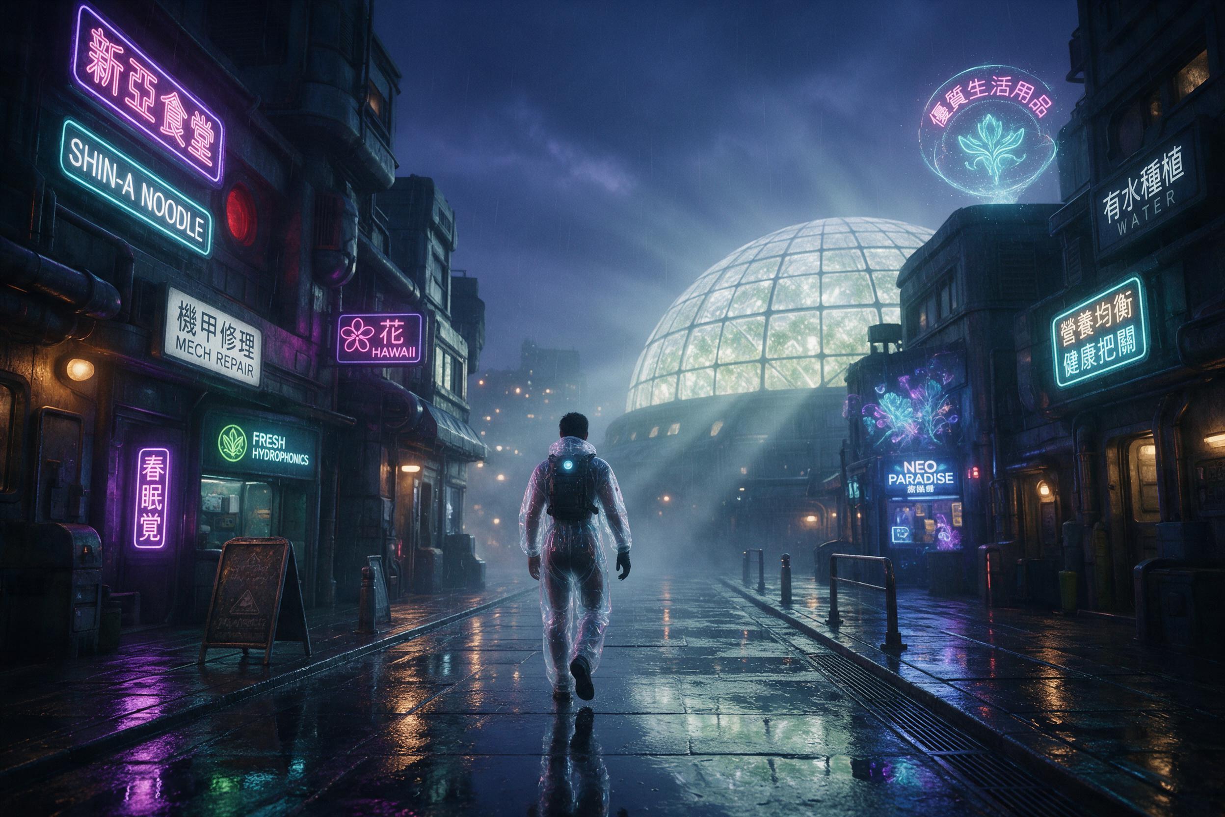 A lone explorer in a translucent environmental suit walks through a rain-soaked neon alley on a distant colony planet. The ground mirrors purple and teal signs from overhead, while a massive hydro-farm dome looms beyond the mist. Volumetric light shafts cut through droplets, and holographic advertis