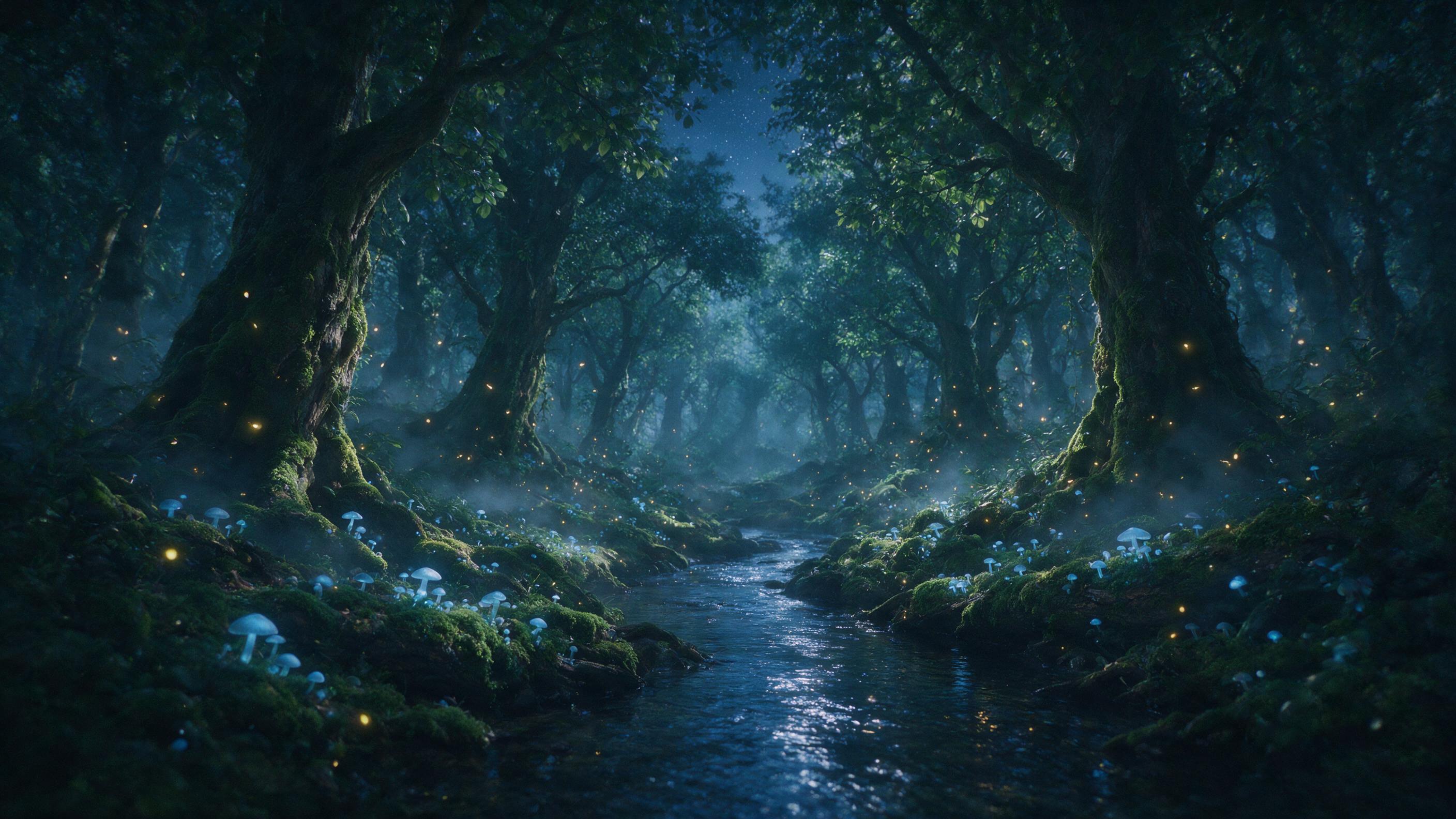 A glowing, ethereal forest at twilight, with bioluminescent mushrooms and floating fireflies, soft mist weaving between ancient tree roots, a gentle stream reflecting the indigo sky, dappled moonlight filtering through leaves, dreamlike atmosphere with subtle grain.