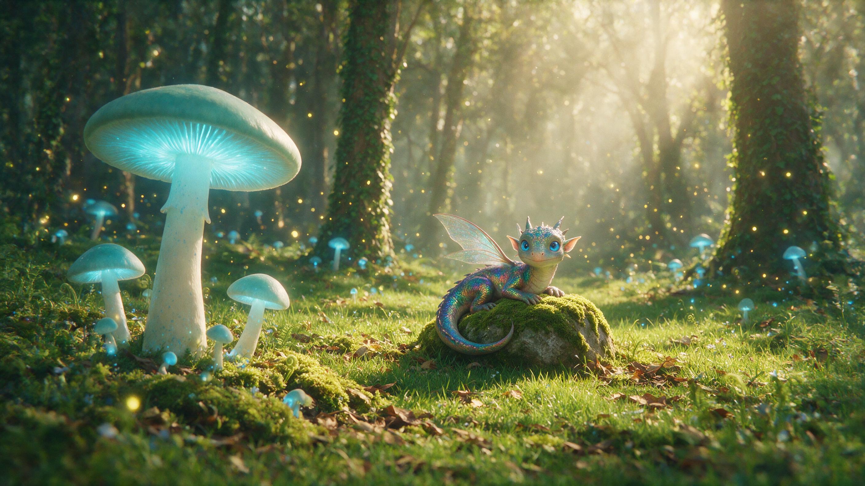 A sunlit forest glade where giant glowing mushrooms cast soft teal light, a small dragon with iridescent scales curls around a mossy stone, fireflies drift in the air, shallow depth of field, warm golden hour rays filtering through misty trees, cinematic composition, subtle film grain.