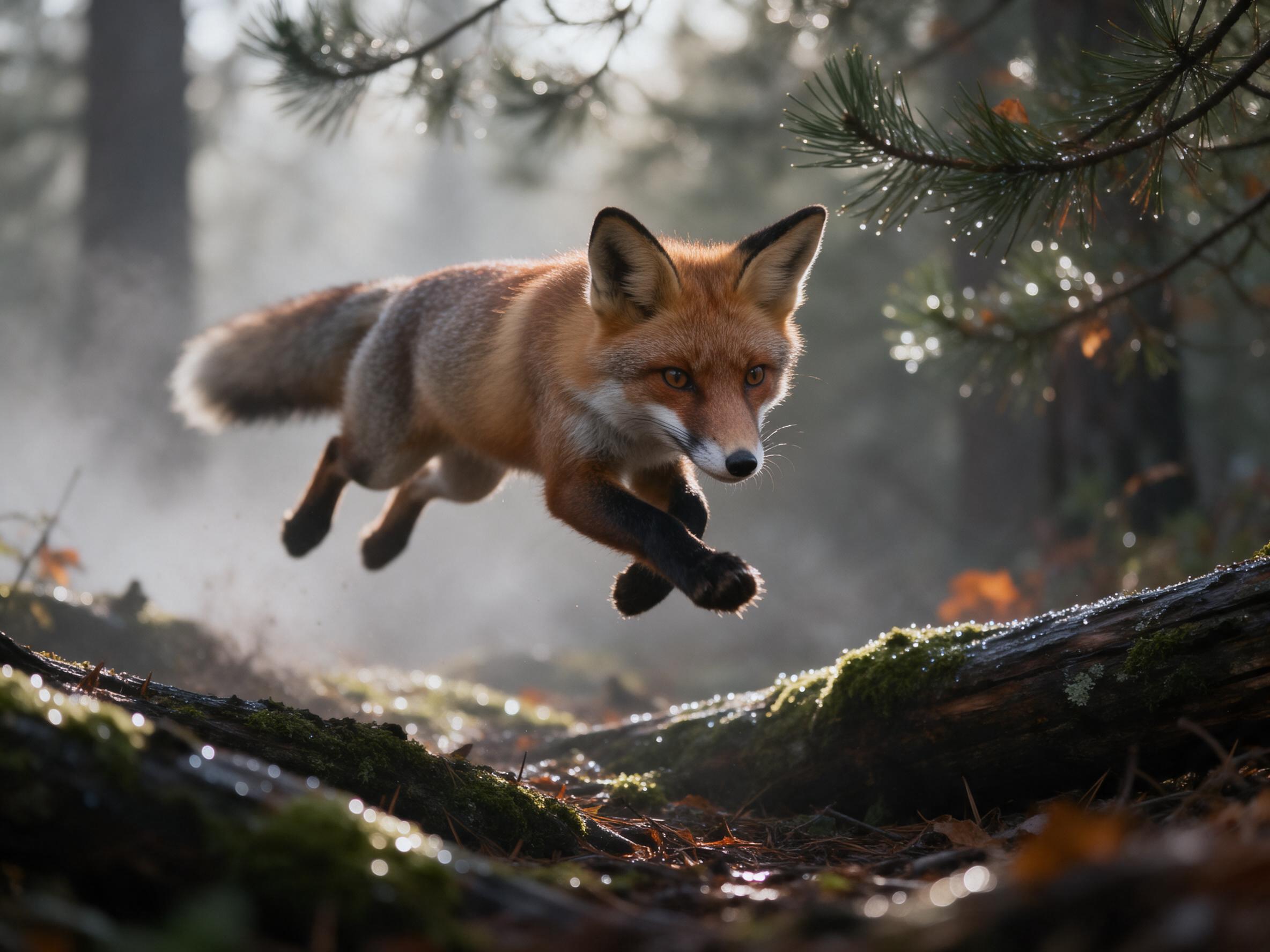 A red fox mid-leap across a misty forest floor, morning dew sparkling on moss-covered logs, soft golden sunlight filtering through pine branches, shallow depth of field focusing on the fox's sharp gaze, slight motion blur on the paws, earthy tones with a hint of autumn orange.