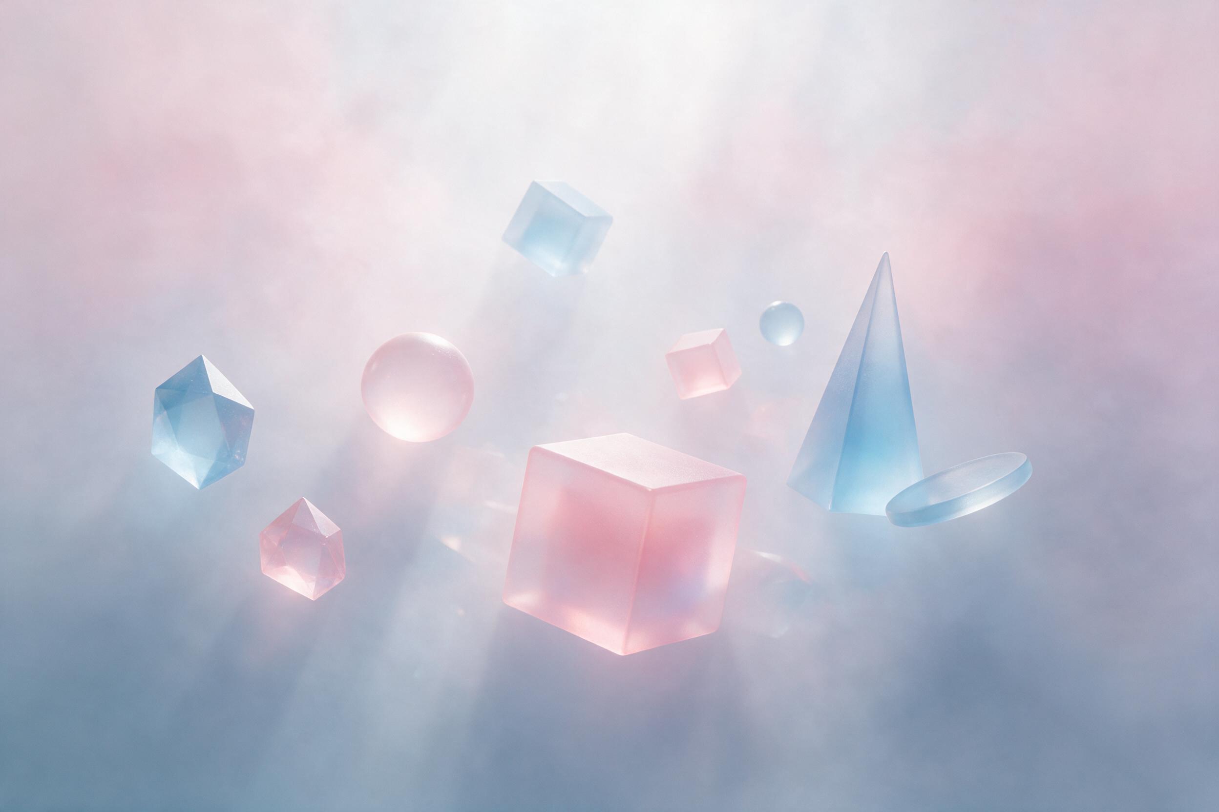 A minimalist composition of translucent geometric shapes in soft pastel pink and blue, floating in a misty void, with gentle light rays piercing through from above, creating a serene and dreamlike atmosphere.
