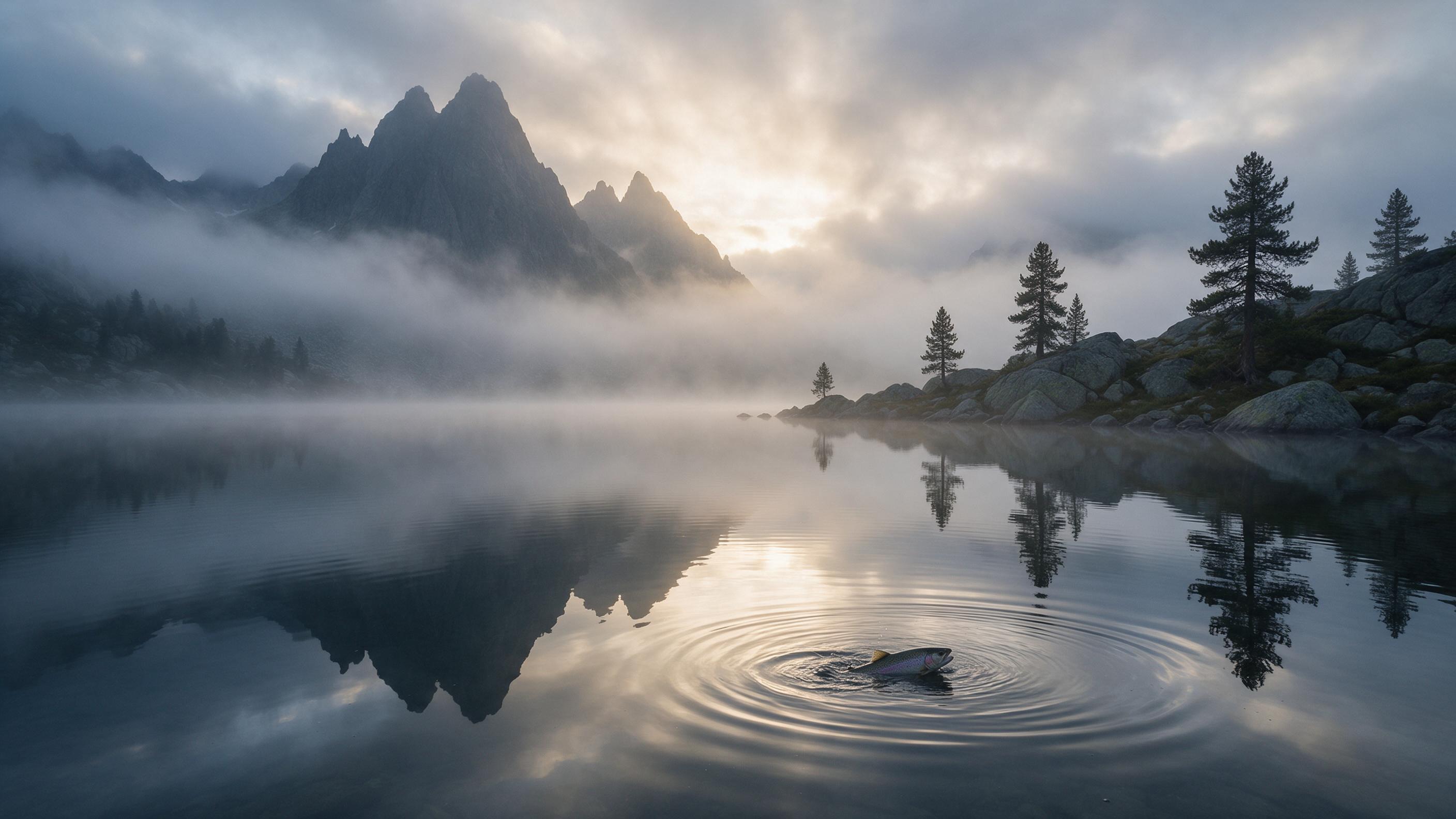 A misty alpine lake at dawn, mirror-still water reflecting jagged peaks, soft golden light breaking through low clouds, scattered pine trees on rocky shore, gentle ripples from a rising trout, wide-angle composition, serene atmosphere