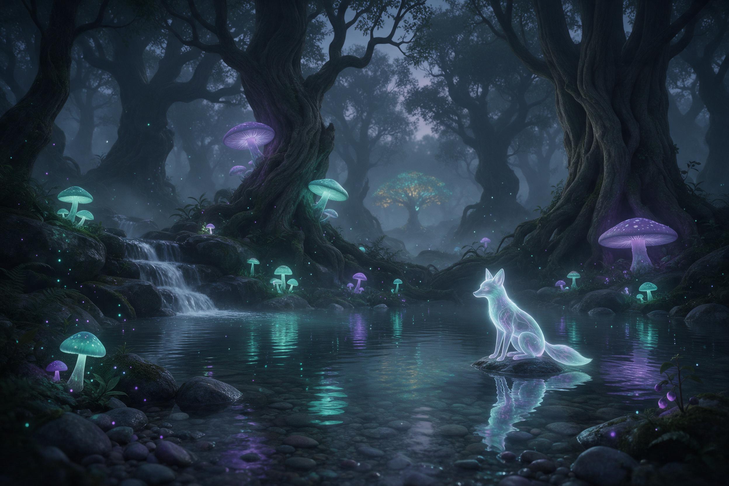 A misty, bioluminescent forest at twilight, where giant glowing mushrooms cast soft teal and violet light onto ancient gnarled trees. A gentle waterfall feeds a crystal-clear pond with floating luminous spores, their reflections shimmering on the water's surface. A small ethereal fox with translucen