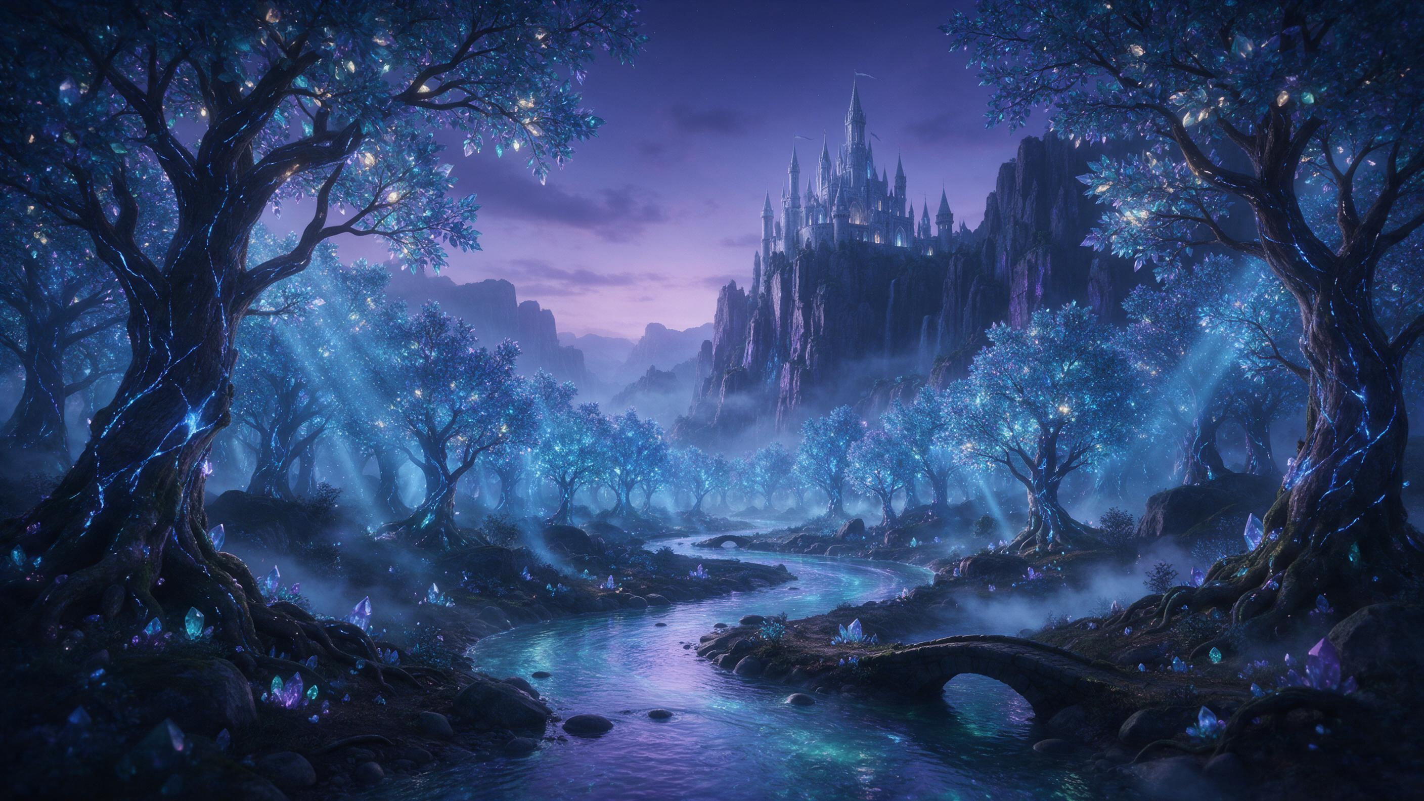 A luminous crystal forest in a twilight realm, ancient bioluminescent trees casting azure glow on a winding stream, a distant silver castle atop jagged cliffs, mist swirling, twilight purple and teal palette, cinematic lighting, volumetric rays, intricate scene