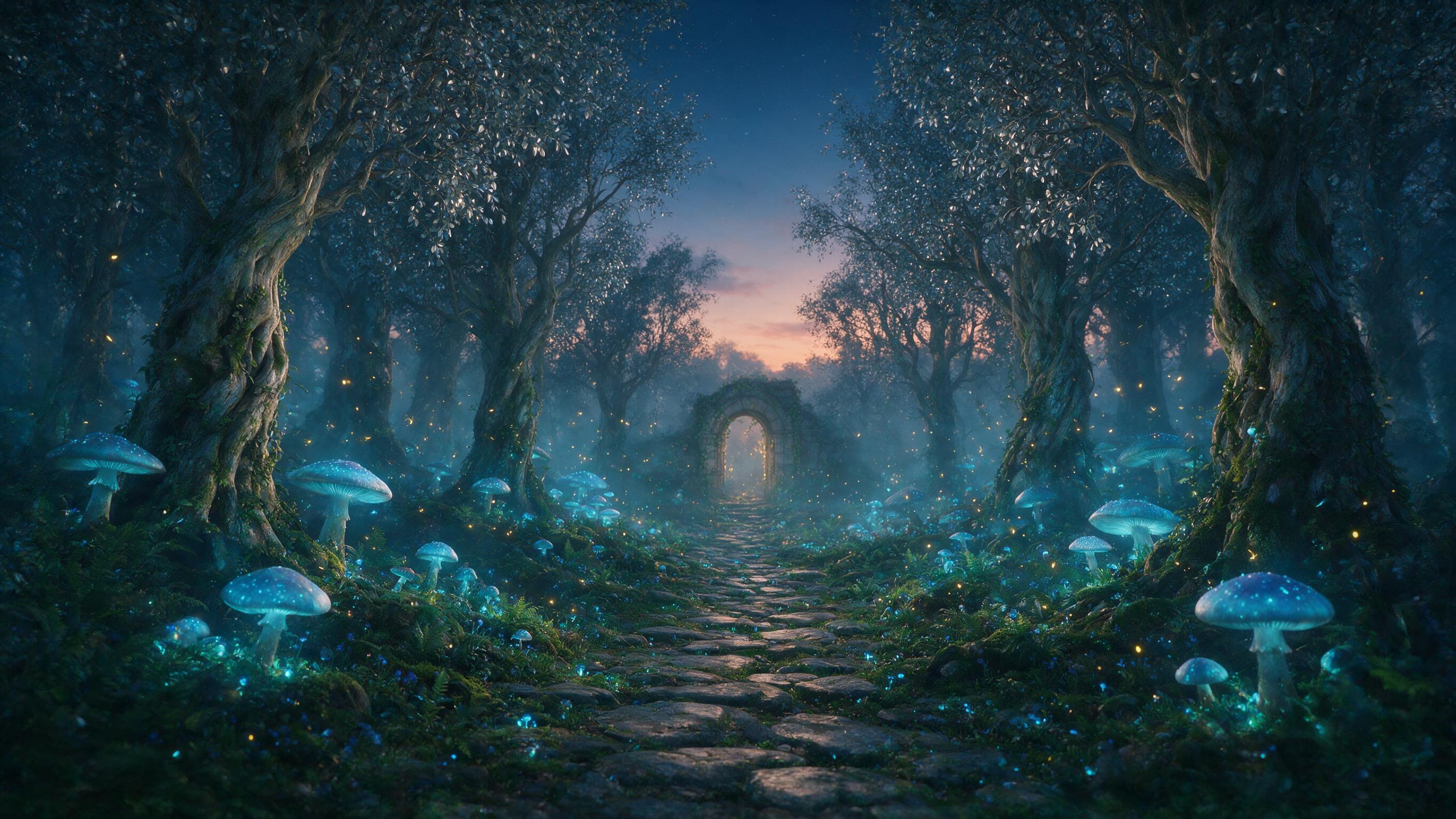 A bioluminescent forest at twilight, giant glowing mushrooms casting soft blue light on mossy ground, fireflies swirling in mist, ancient twisted trees with silver leaves, a small stone path leading to a distant arched doorway, ethereal atmosphere, cinematic composition, gentle fog, muted teal and v