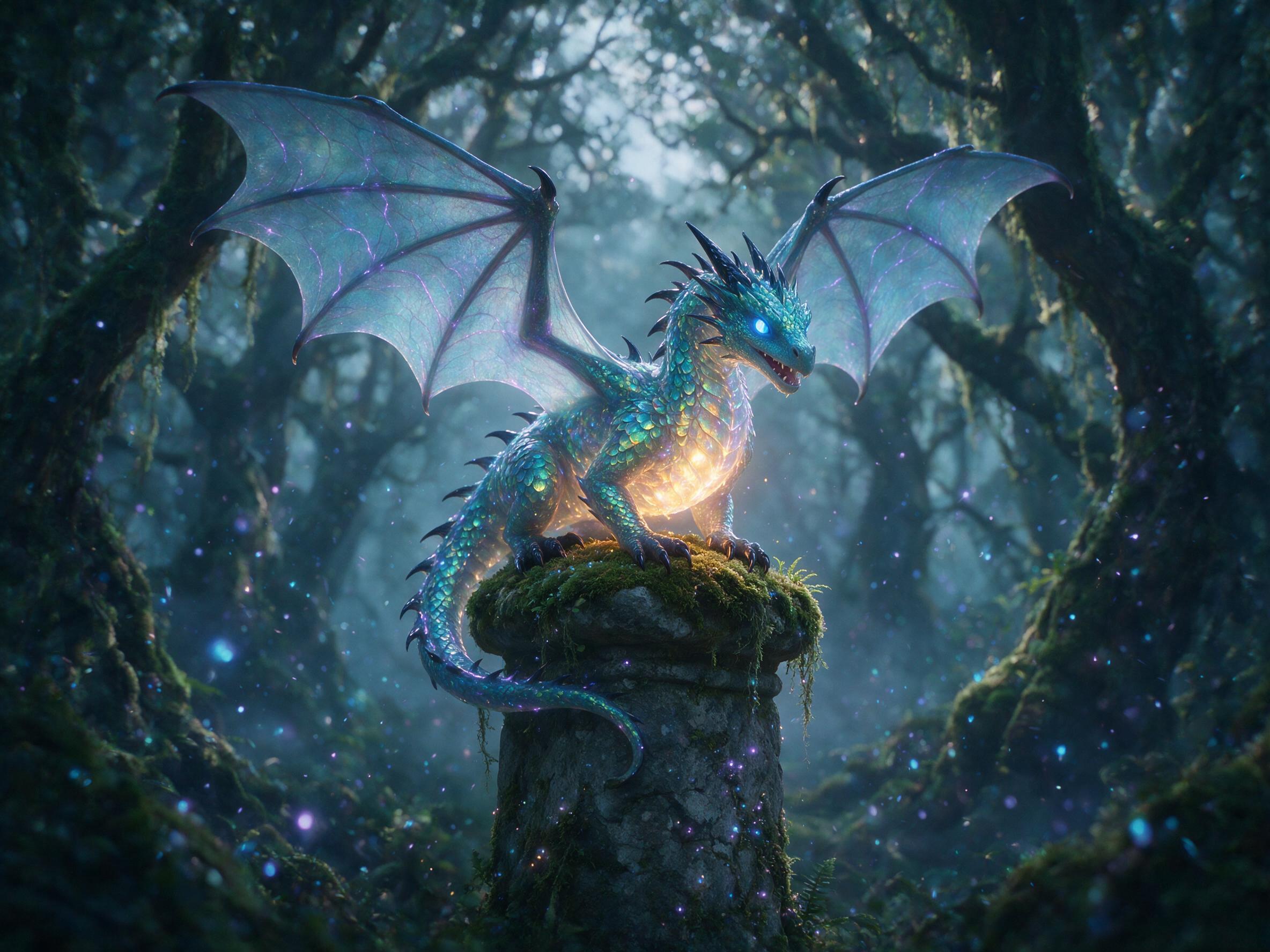 A glowing, translucent dragon perched on a moss-covered stone pillar in a misty forest, with bioluminescent blue and purple spores floating in the air, soft twilight filtering through the canopy, slight camera shake, warm amber light from the dragon's chest