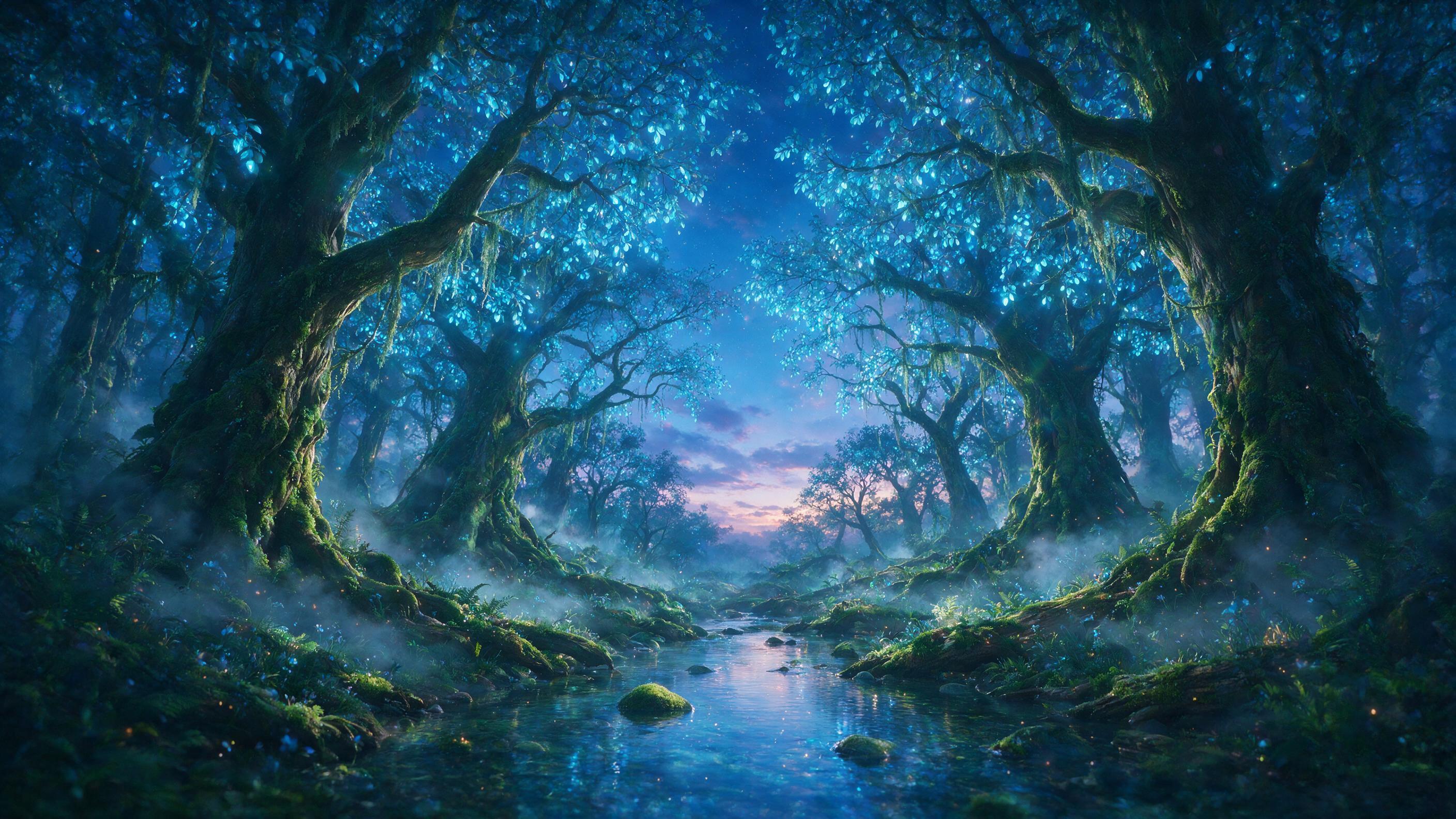 A glowing, ethereal forest at twilight where ancient trees have luminescent blue leaves, soft mist swirls around mossy roots, a gentle stream reflects scattered starlight, subtle lens flare, cool color palette with hints of warm amber, dreamy atmosphere.
