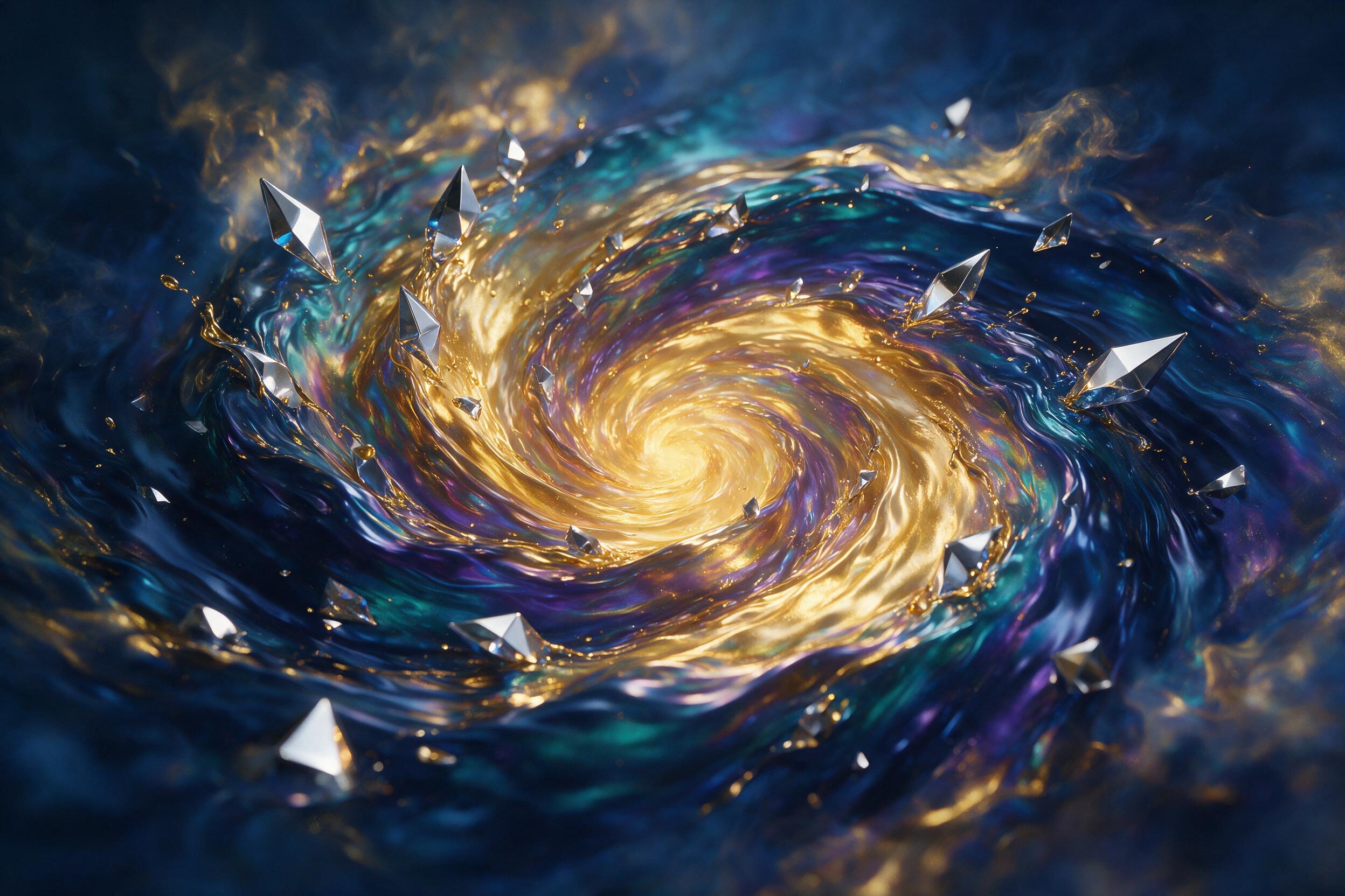 A swirling vortex of iridescent colors, like liquid gold and deep indigo merging, with sharp geometric shards of silver breaking through the surface. The composition is centered, with a slight blur at the edges to create depth. The lighting is a soft, diffused glow from within, casting long shadows.