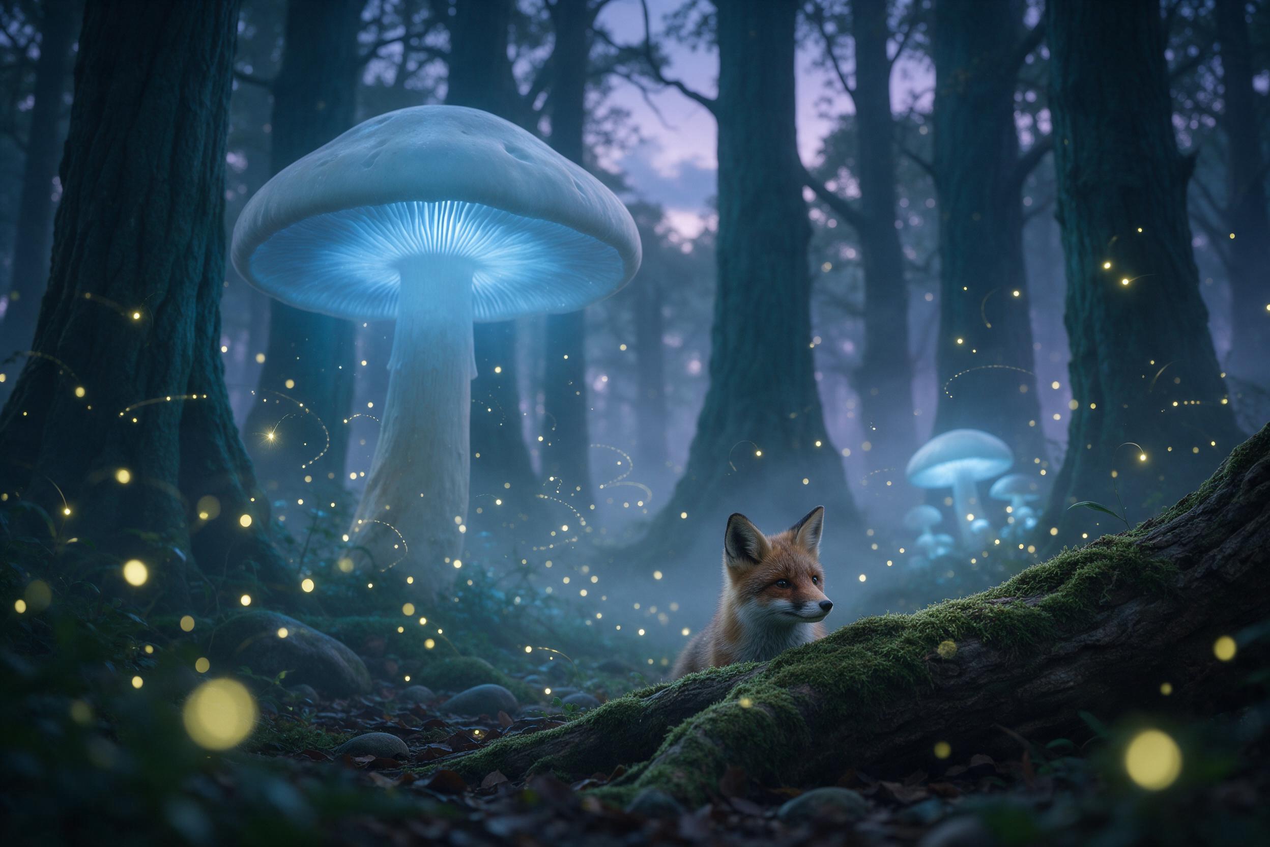 A misty ancient forest at twilight, colossal glowing mushrooms casting soft blue light, a tiny fox with crystal-clear fur peering around a mossy root, ethereal fireflies tracing spiral patterns, shallow depth of field, dreamy atmosphere, muted teal and lavender palette, gentle fog curling between gn
