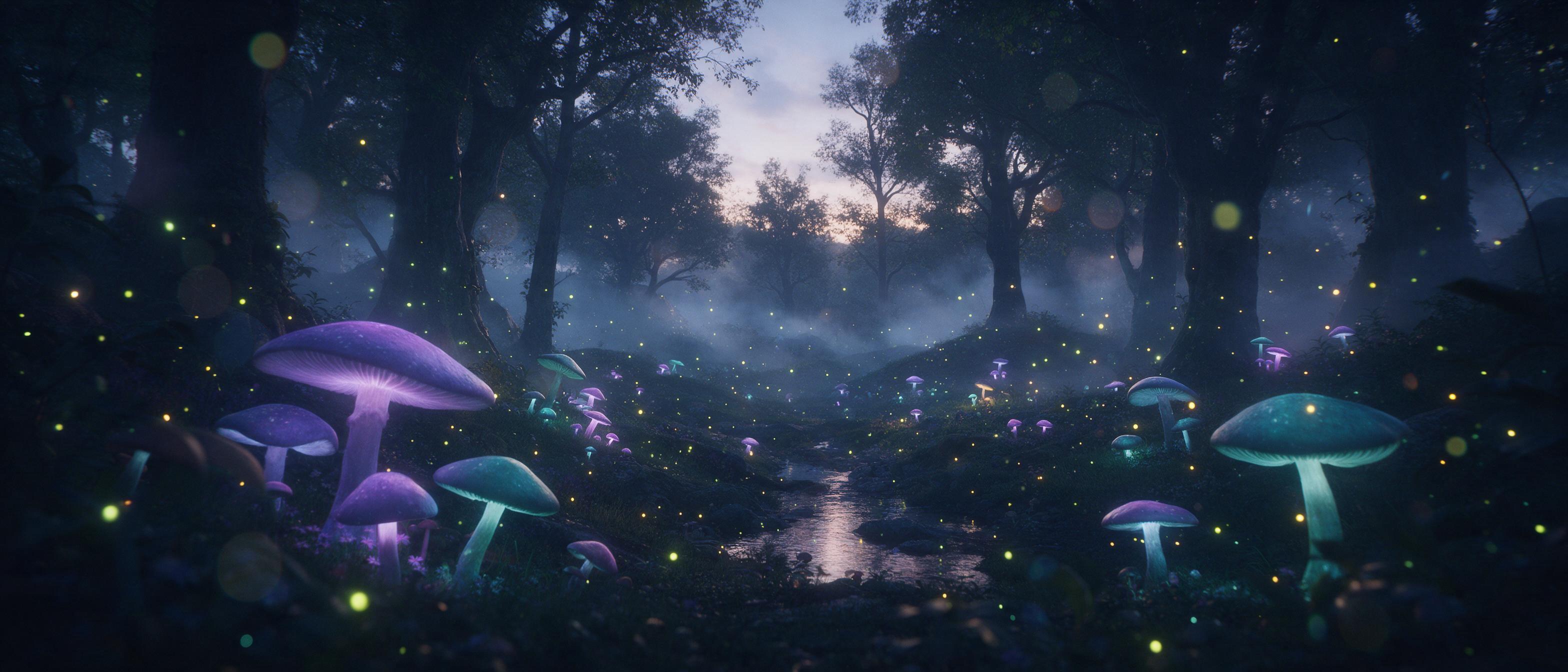 A secluded forest glade at twilight, huge glowing mushrooms in violet and teal, a small stream reflecting the bioluminescent light, fireflies drifting, mist curling around ancient trees, soft lens flare, cinematic composition, dreamy atmosphere