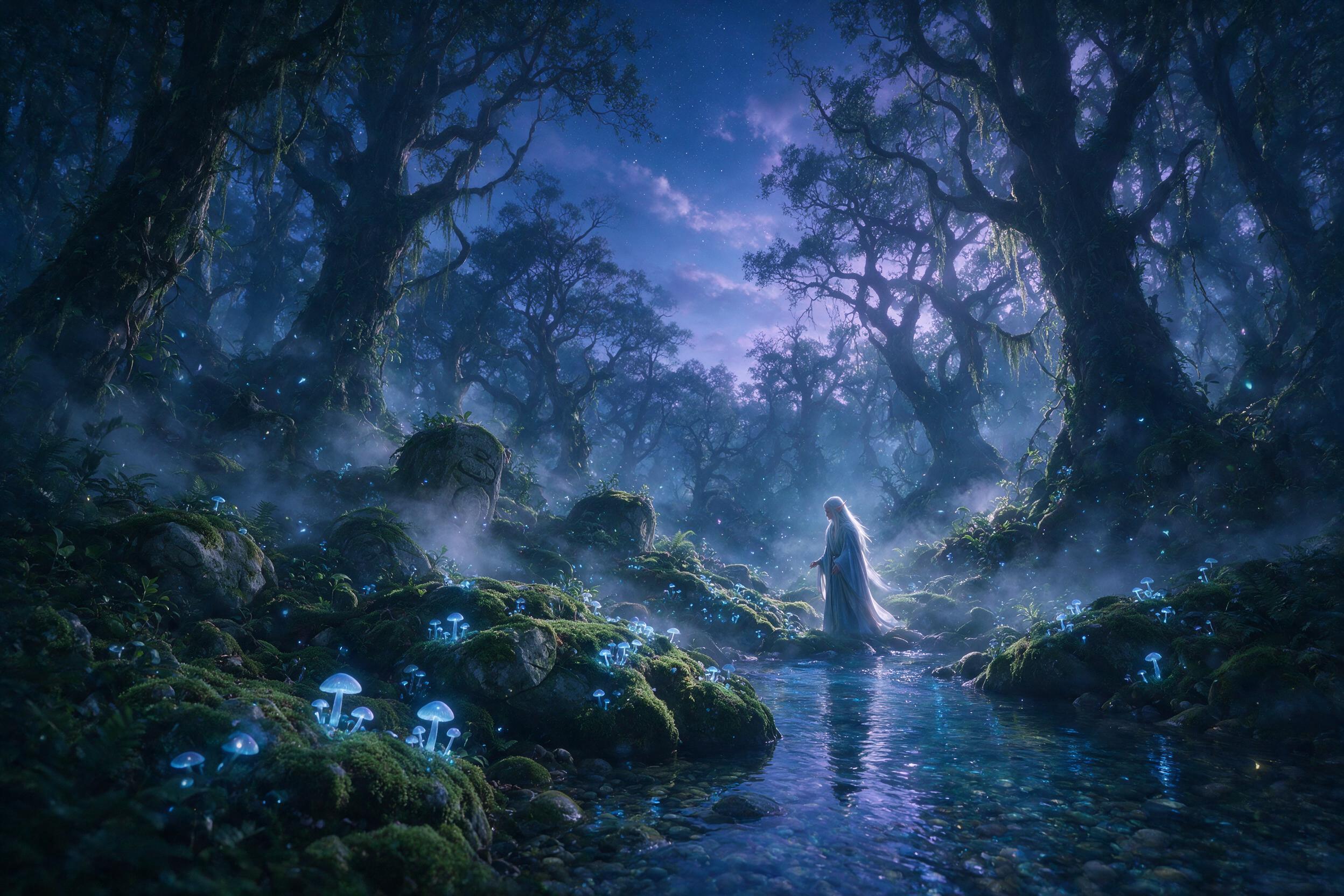 A mystical forest at twilight, glowing mushrooms casting soft blue light on ancient mossy stones, a silver-haired elf in flowing robes stands by a crystalline stream, mist swirling between gnarled trees, ethereal fireflies dancing in the air, soft diffused backlighting, dreamy atmosphere with subtle