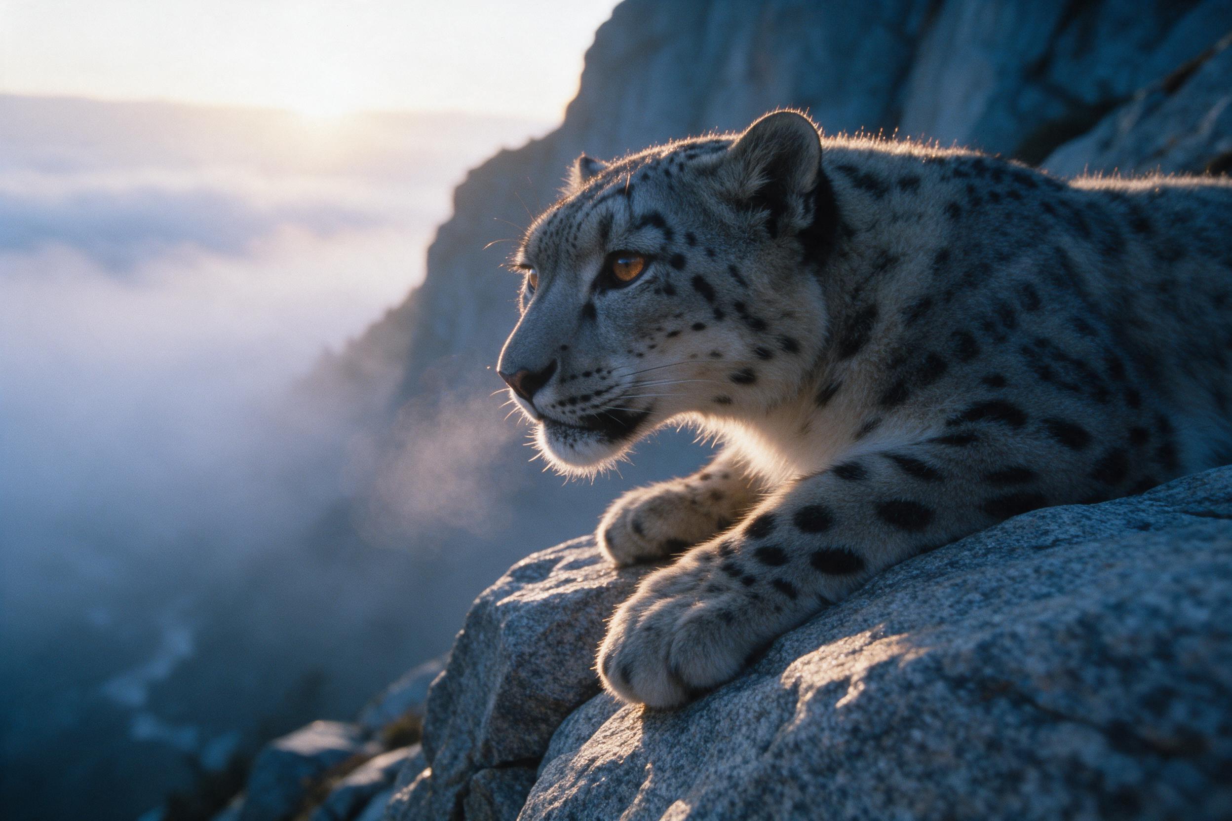 A snow leopard rests on a rocky outcrop at dawn, breath misting in the cold air. Its amber eyes scan a valley filled with soft fog. Low-angle shot captures the textured fur and granite; rim light from the rising sun creates a golden edge. Subtle noise adds a natural film grain. Background cliffs blu