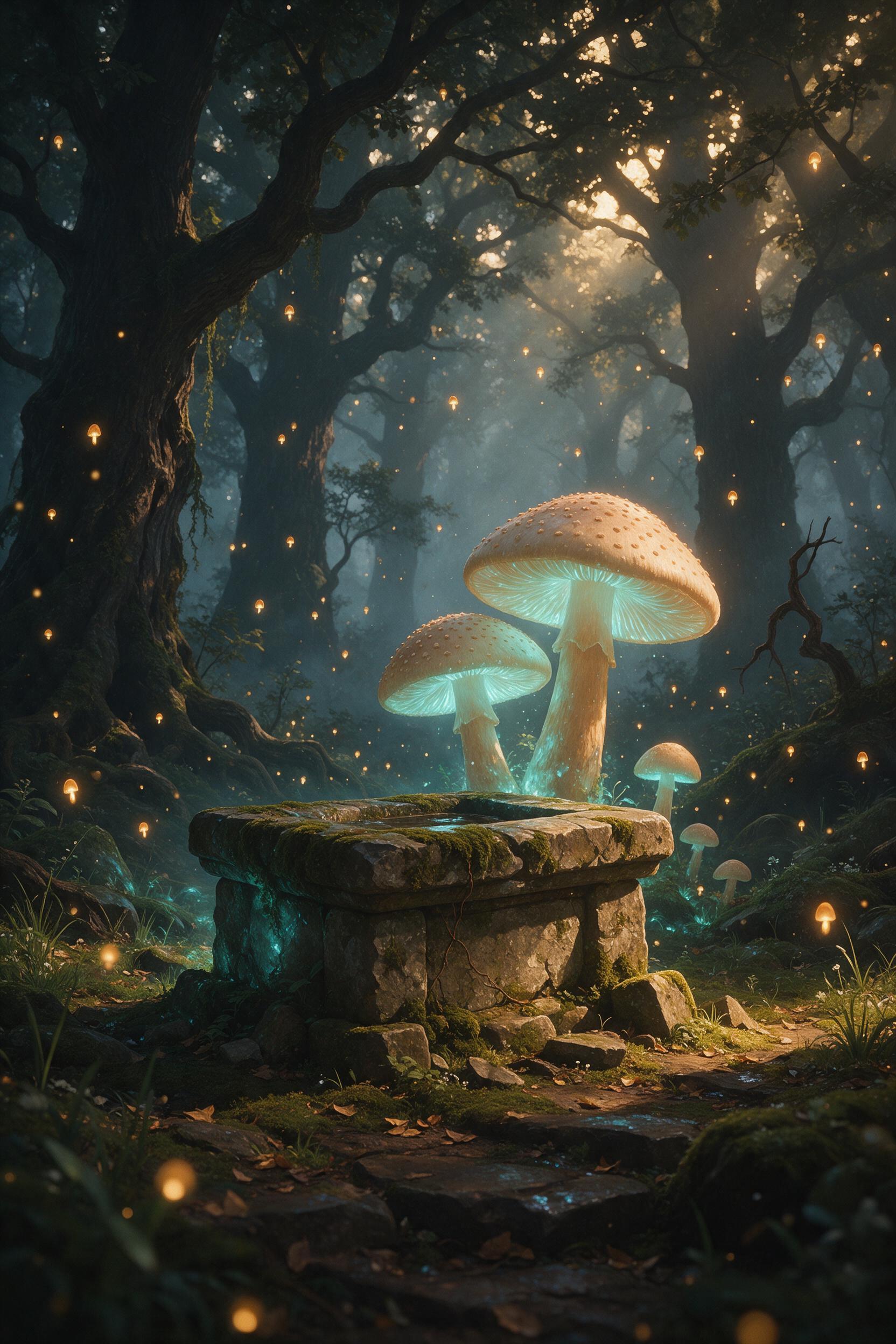 A sunlit ancient forest clearing where giant glowing mushrooms with translucent gills cast soft teal light onto a mossy stone altar, floating spores like tiny lanterns, mist between towering oaks, golden hour rays piercing canopy, shallow depth of field, painterly texture.