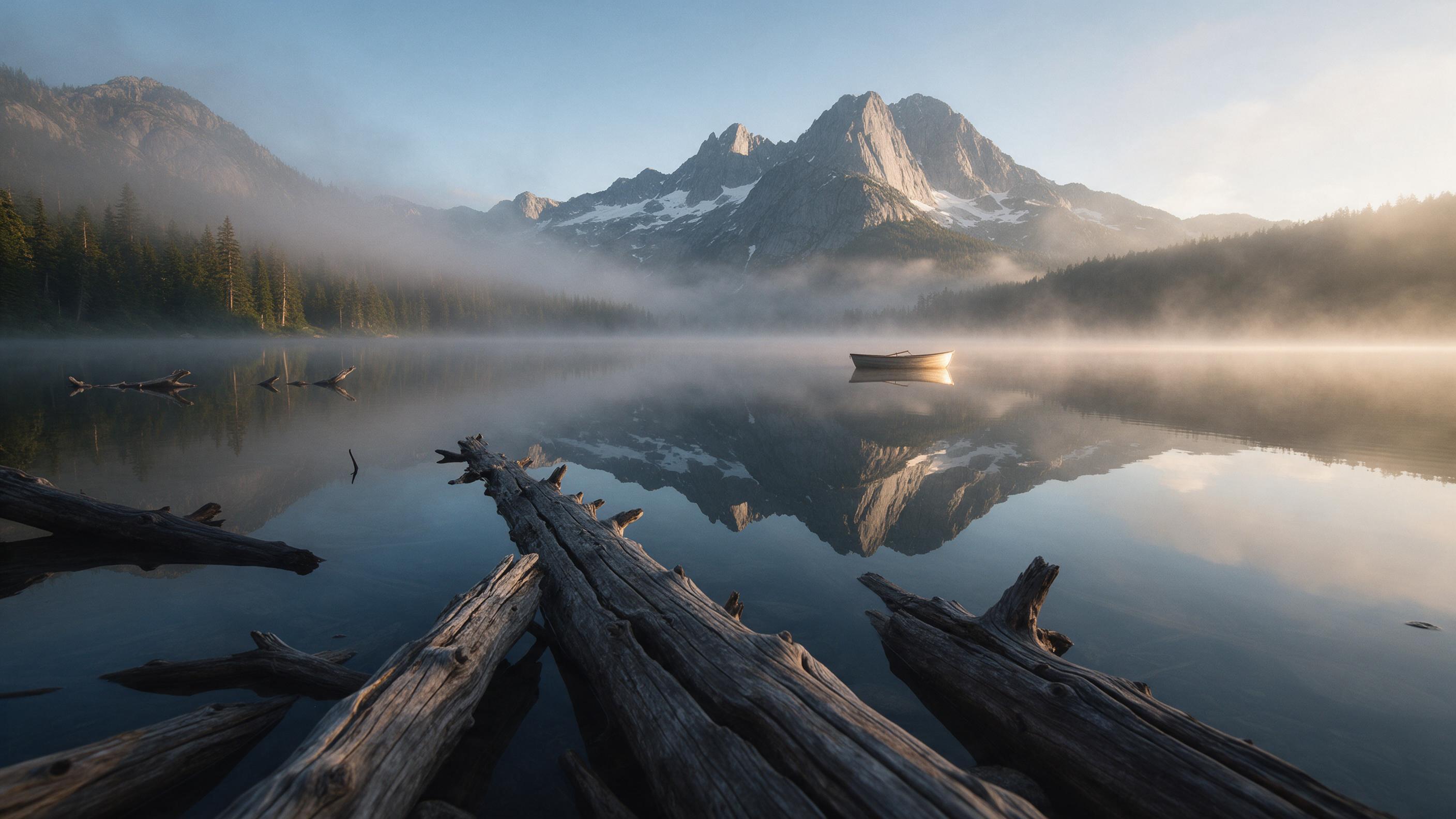 A serene alpine lake at dawn, mirror-still water reflecting snow-dusted granite peaks. Soft diffused morning mist clings to the forested shoreline. Composition: leading lines from weathered driftwood in the foreground to the mountain ridge. Golden-hour light breaks through, illuminating a lone rowbo