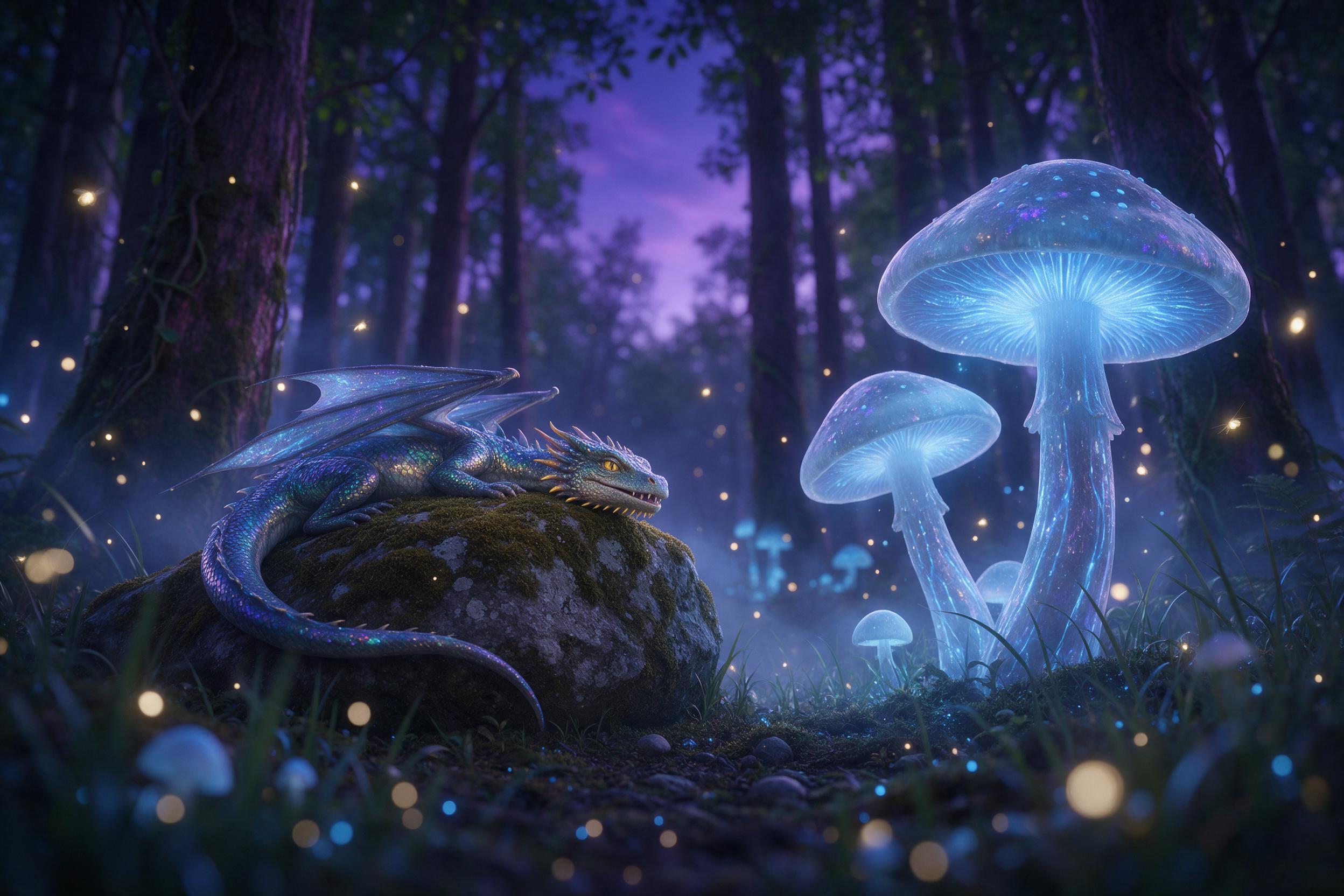 A twilight forest clearing, giant glowing mushrooms casting soft blue light, a small dragon with iridescent scales curling around a mossy stone, drifting fireflies, dreamy bokeh, low-angle view, mist rising, rich purples and teals.