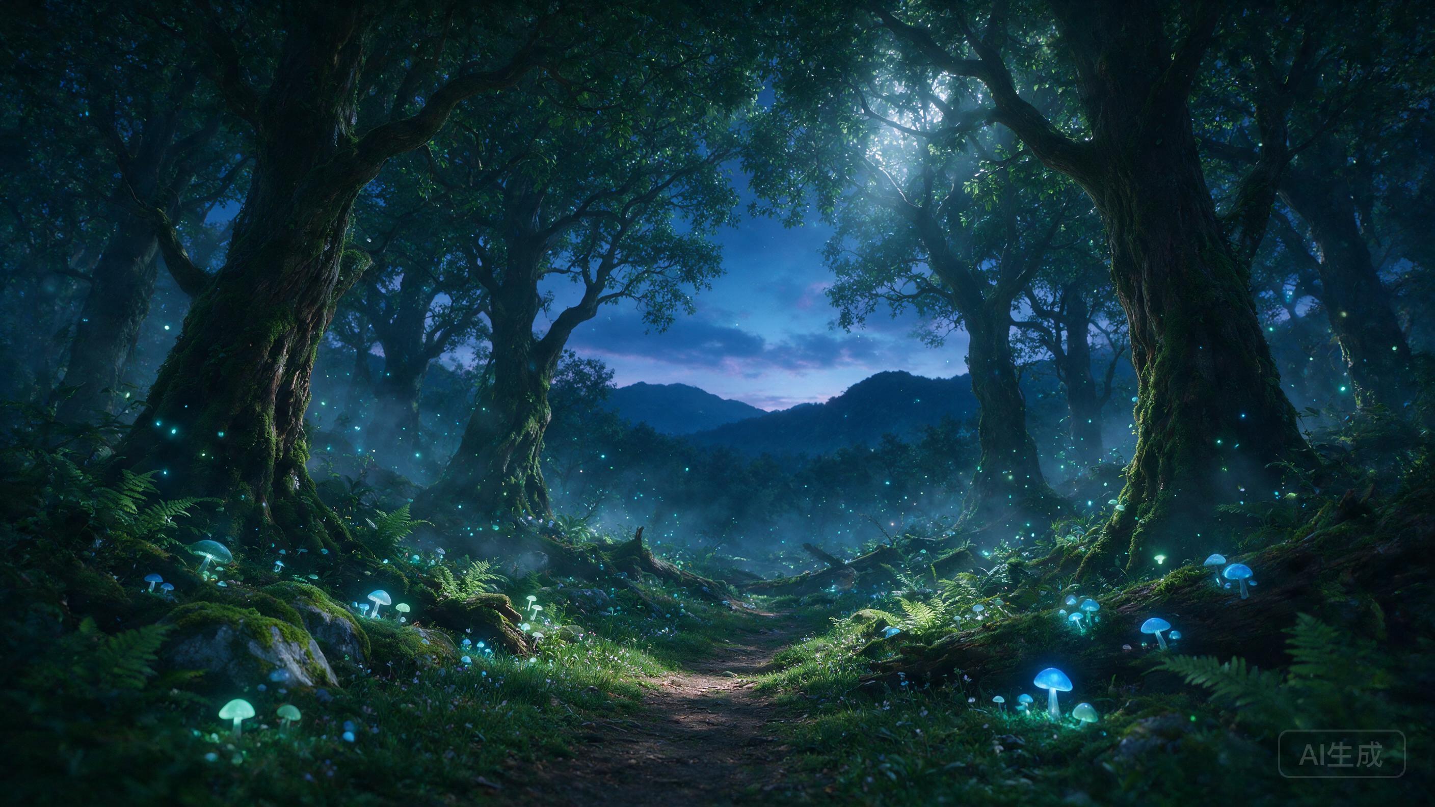 A glowing, ethereal forest at twilight, with bioluminescent mushrooms and floating fireflies, soft mist between ancient trees, gentle moonlight filtering through the canopy, dreamy atmosphere, subtle lens flare, muted green and blue hues.