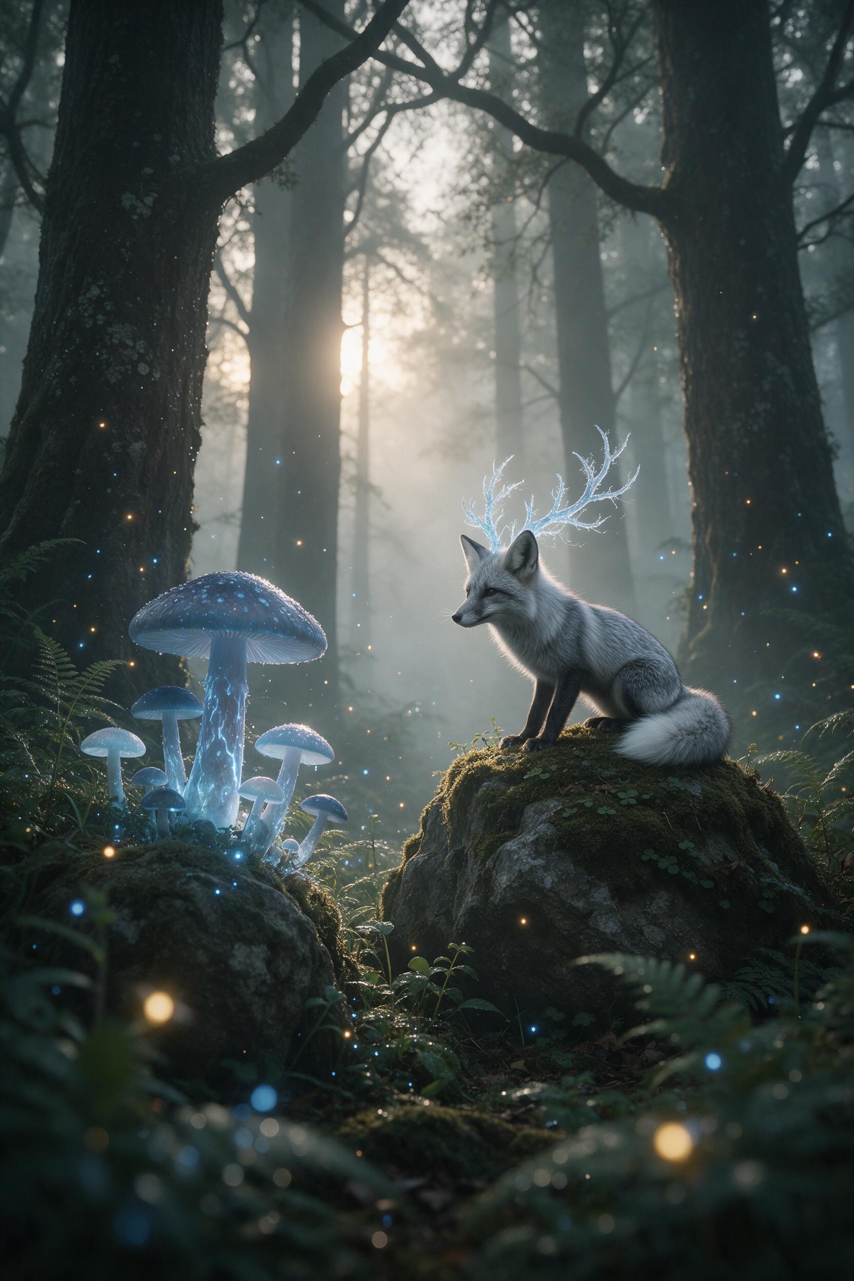 A misty ancient forest at dawn, giant glowing mushrooms casting soft blue light, a silver fox with ethereal antlers standing on a mossy rock, fireflies swirling, volumetric rays through fog, shallow depth of field, muted green palette with luminous accents