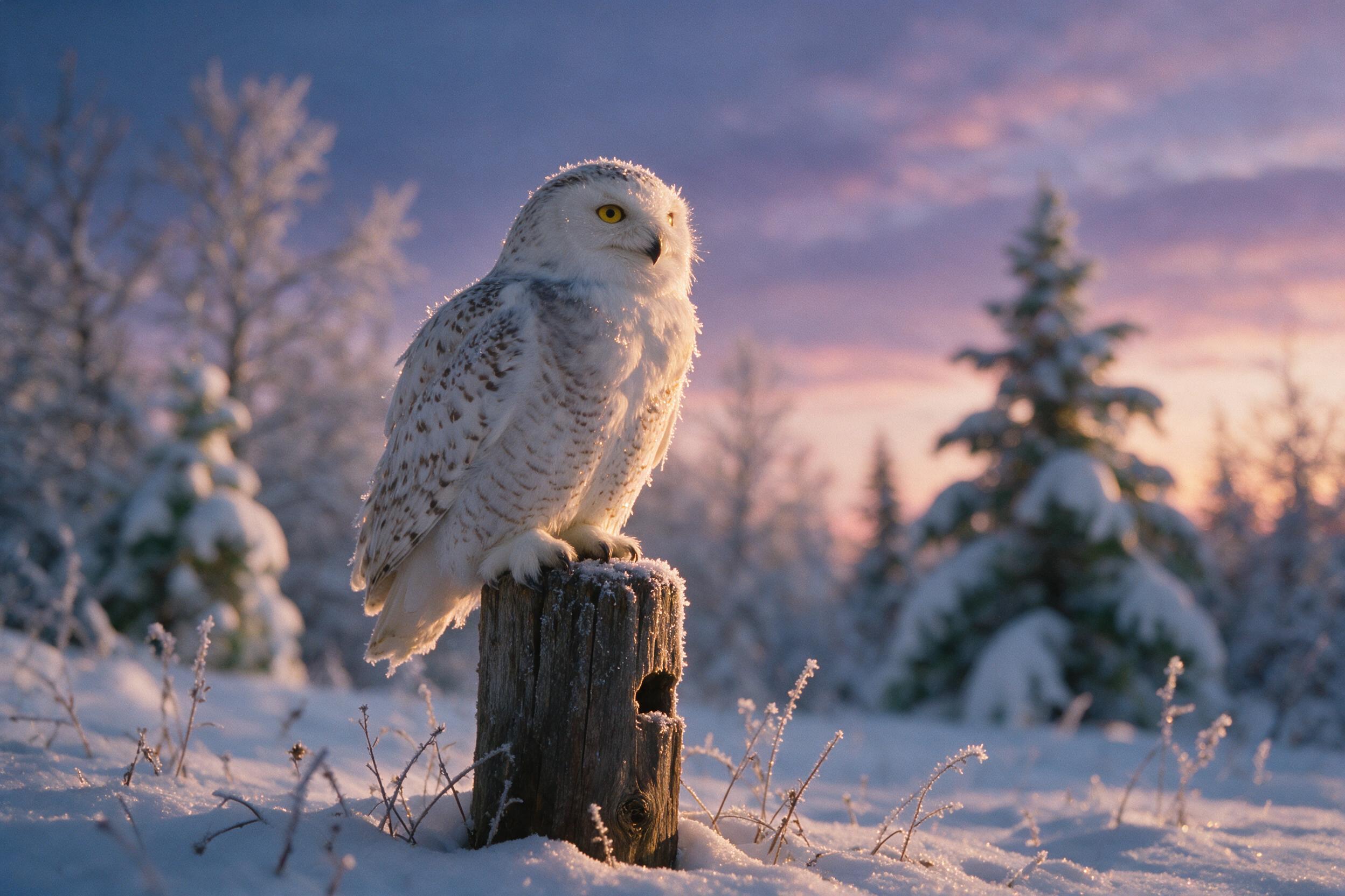 A snowy owl perched on a weathered wooden fence post at twilight, frost glistening on its feathers, soft golden hour light from the side, slight grain, shallow depth of field, bokeh background of snow-covered trees