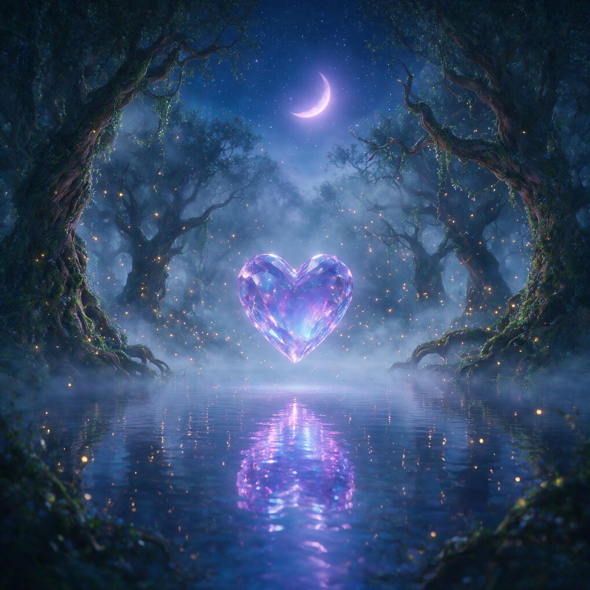 A glowing crystal heart floating above a mirror-like lake, surrounded by ancient gnarled trees and swirling fireflies, soft moonlight filtering through mist, ethereal blue and purple tones, dreamy atmosphere, gentle reflections on water surface