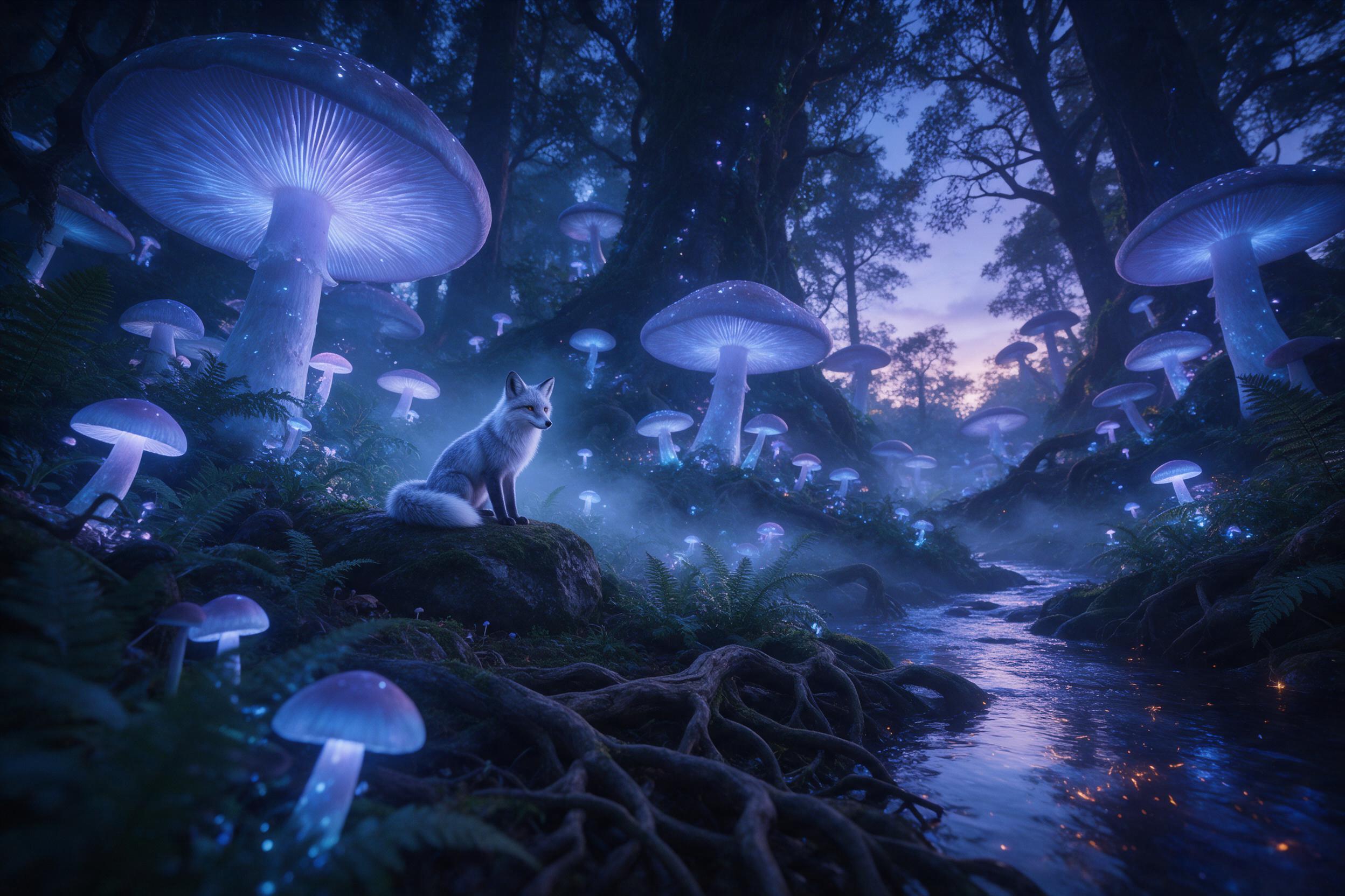 A glowing bioluminescent forest at twilight, with giant mushrooms casting a soft blue-purple light. A lone fox with silver fur sits on a mossy rock. Gentle mist weaves between ancient ferns and twisted roots. A stream reflects the luminous canopy, water hints of amber sparks. Composition uses a low 