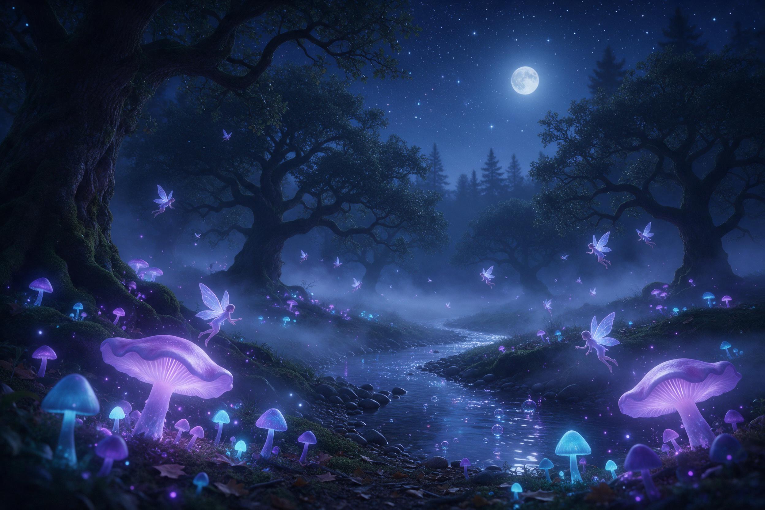 A moonlit forest clearing where bioluminescent mushrooms emit soft purple and cyan glow, tiny fairies with translucent wings flitting among ancient mossy oaks, a winding stream reflecting starlight, ethereal mist rolling at ground level, deep blues and violets, wide-angle composition