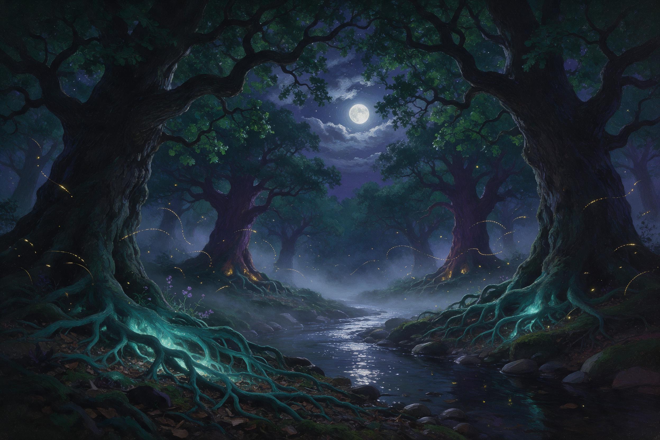 A moonlit enchanted forest with towering ancient oaks, roots glowing soft teal, fireflies weaving golden trails, a misty stream reflecting silver stars, deep emerald and violet palette, painterly brushstrokes, ethereal atmosphere, wide-angle composition from ground level.
