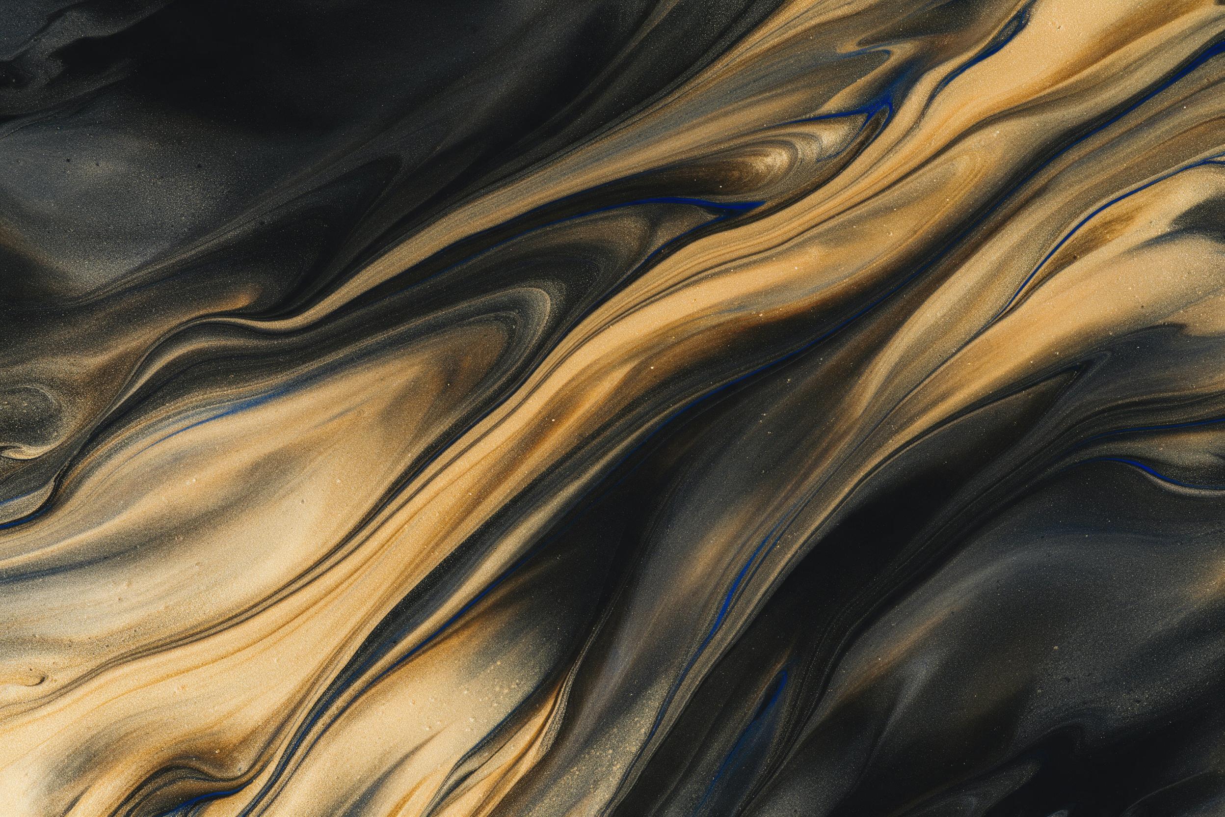 A swirling blend of molten gold and deep charcoal, fluid marble patterns frozen mid-motion, with subtle veins of electric blue; dramatic side lighting casts long shadows, minimalist composition, high contrast, glossy surface reflections, slight grain for texture.